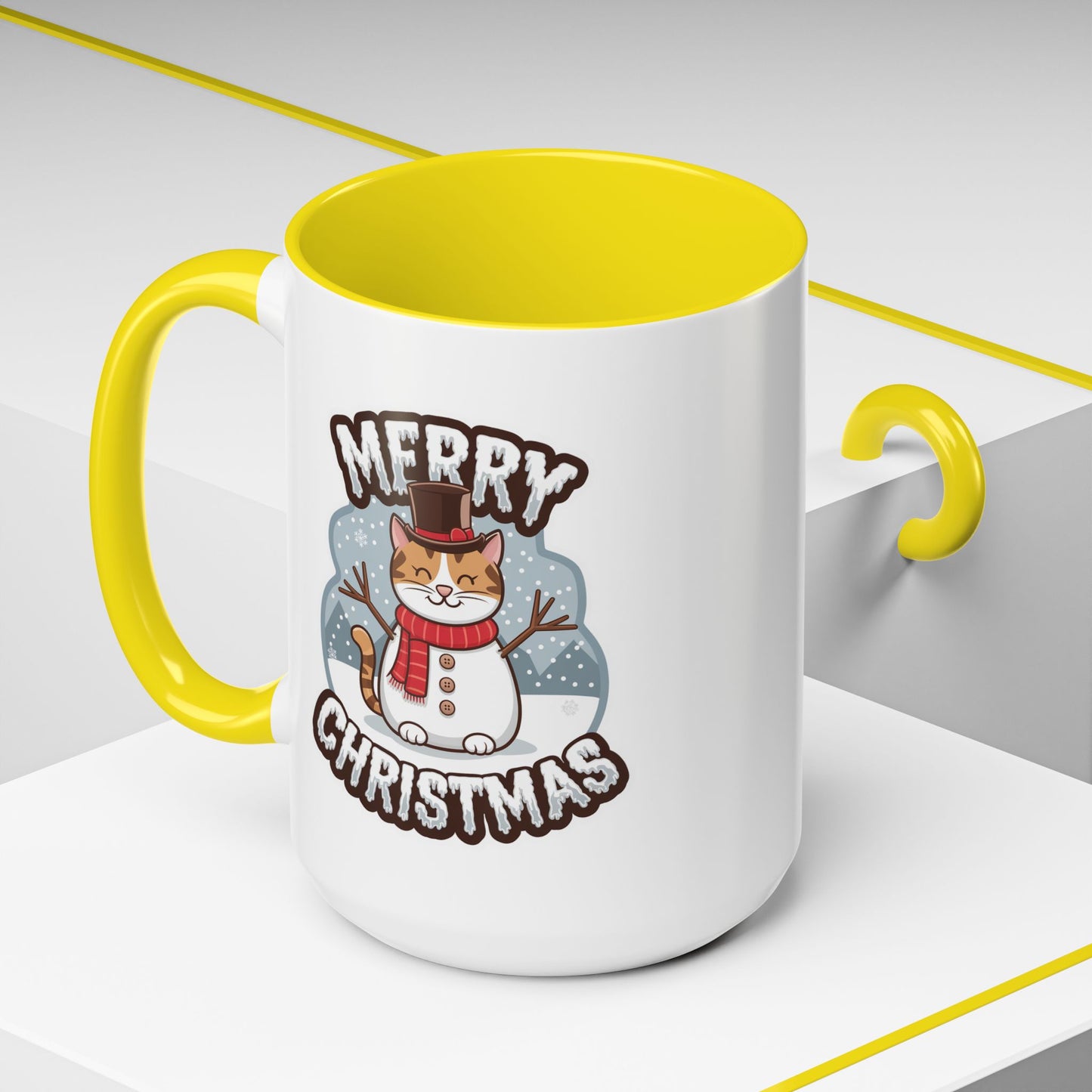 Christmas Mug - Merry Christmas Black & White Text Snowman Cat