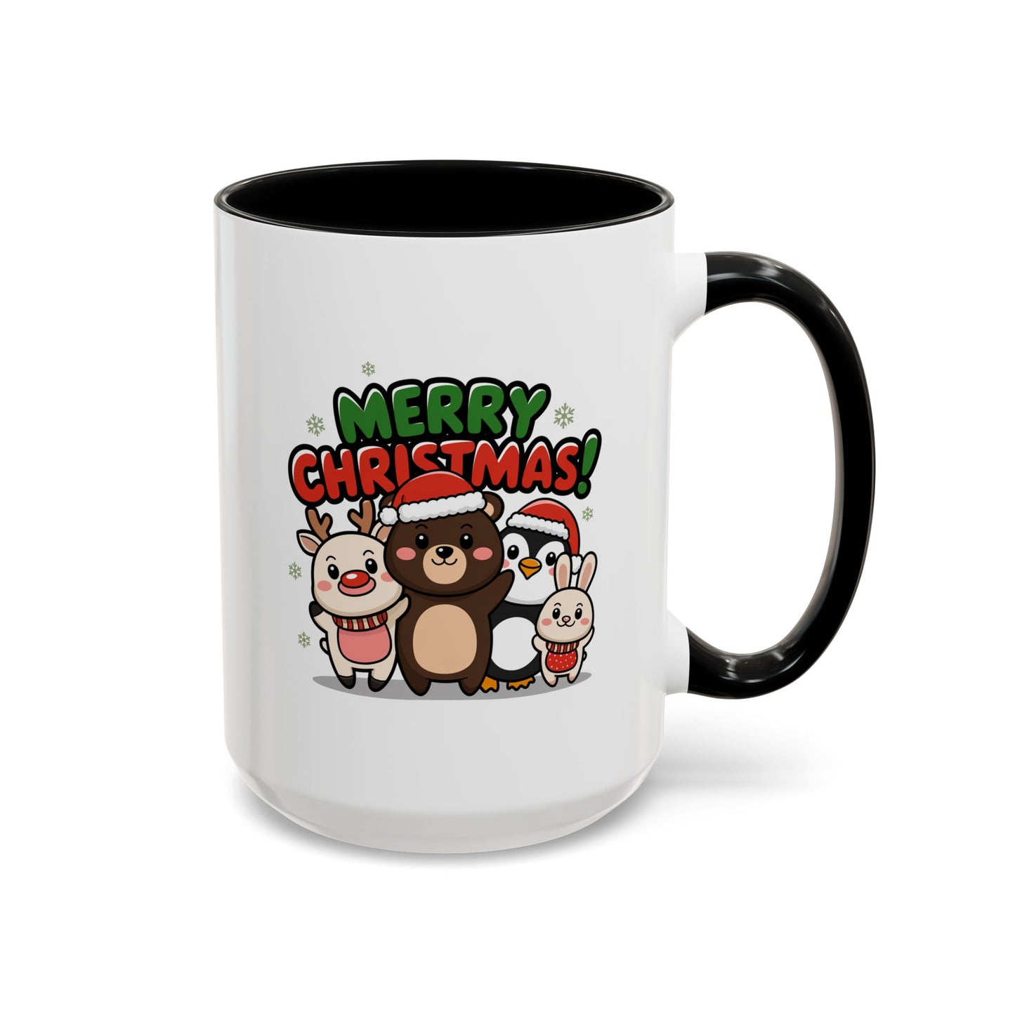 Christmas Mug - Merry Christmas Green & Red Text Cute Animals