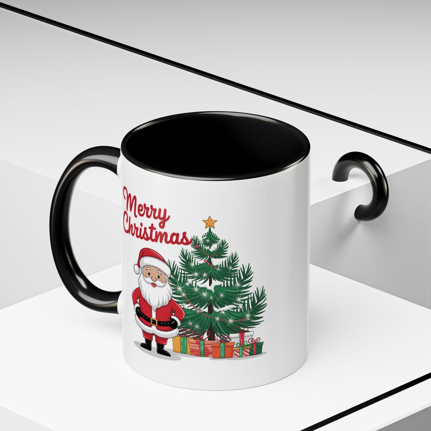 Christmas Mug - Merry Christmas Red Text Santa Tree Presents