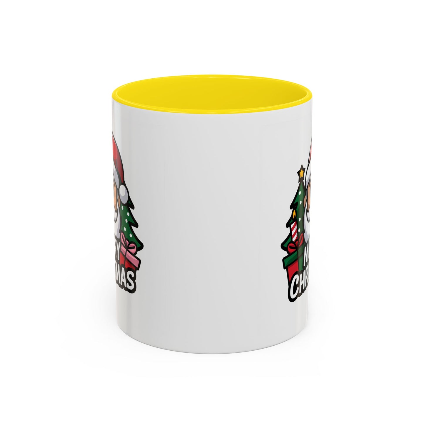Christmas Mug - Merry Christmas White & Black Text Santa Trees Presents