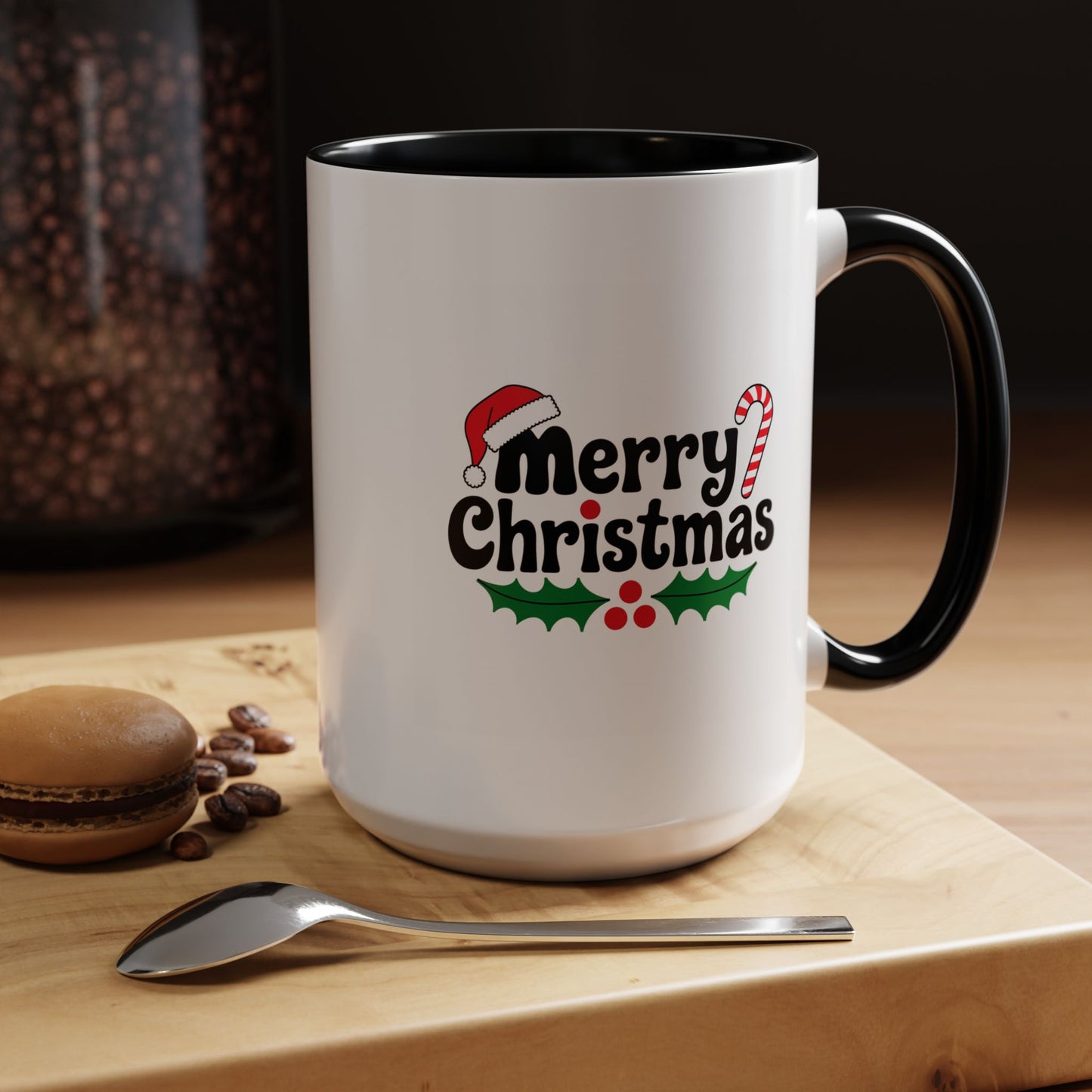 Christmas Mug - Merry Christmas Black Text Hat Cane Misletoe