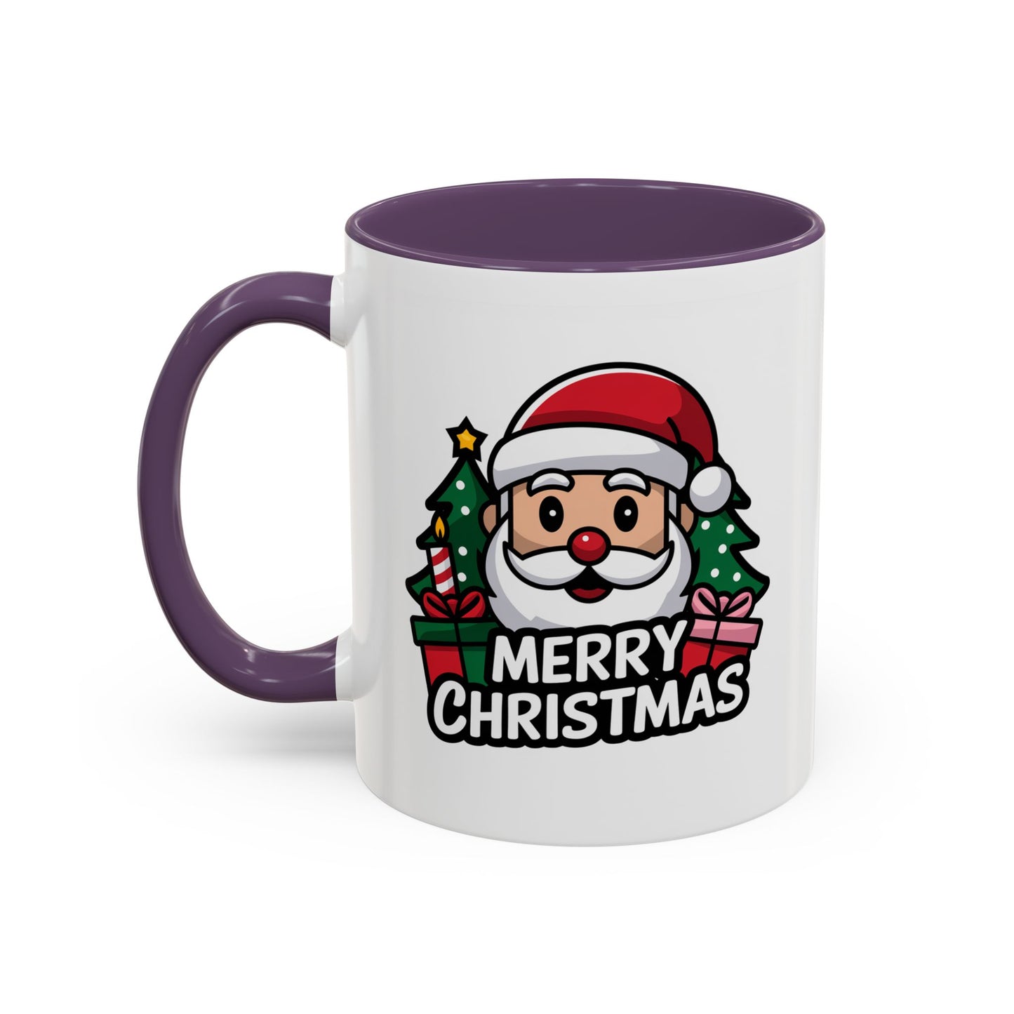 Christmas Mug - Merry Christmas White & Black Text Santa Trees Presents