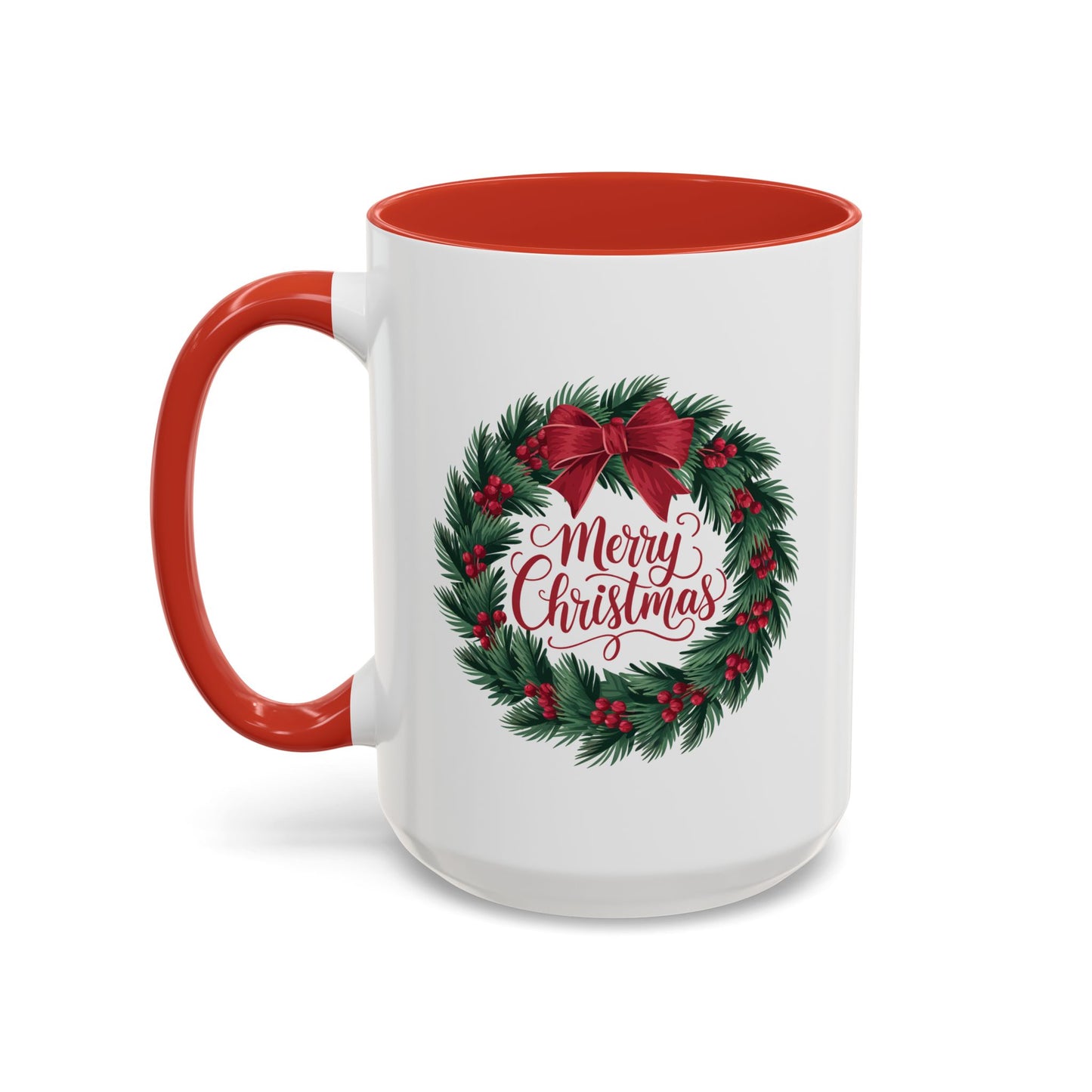 Christmas Mug - Merry Christmas Red Text Bow Wreath
