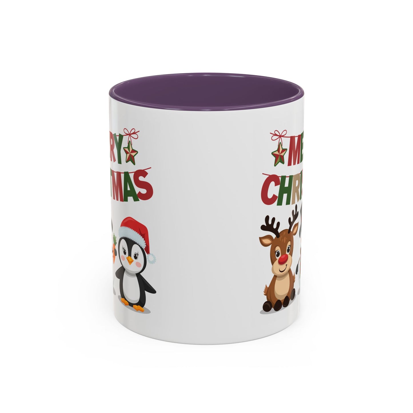 Christmas Mug - Red Green & Gold Text Reindeer Snowman Penguin