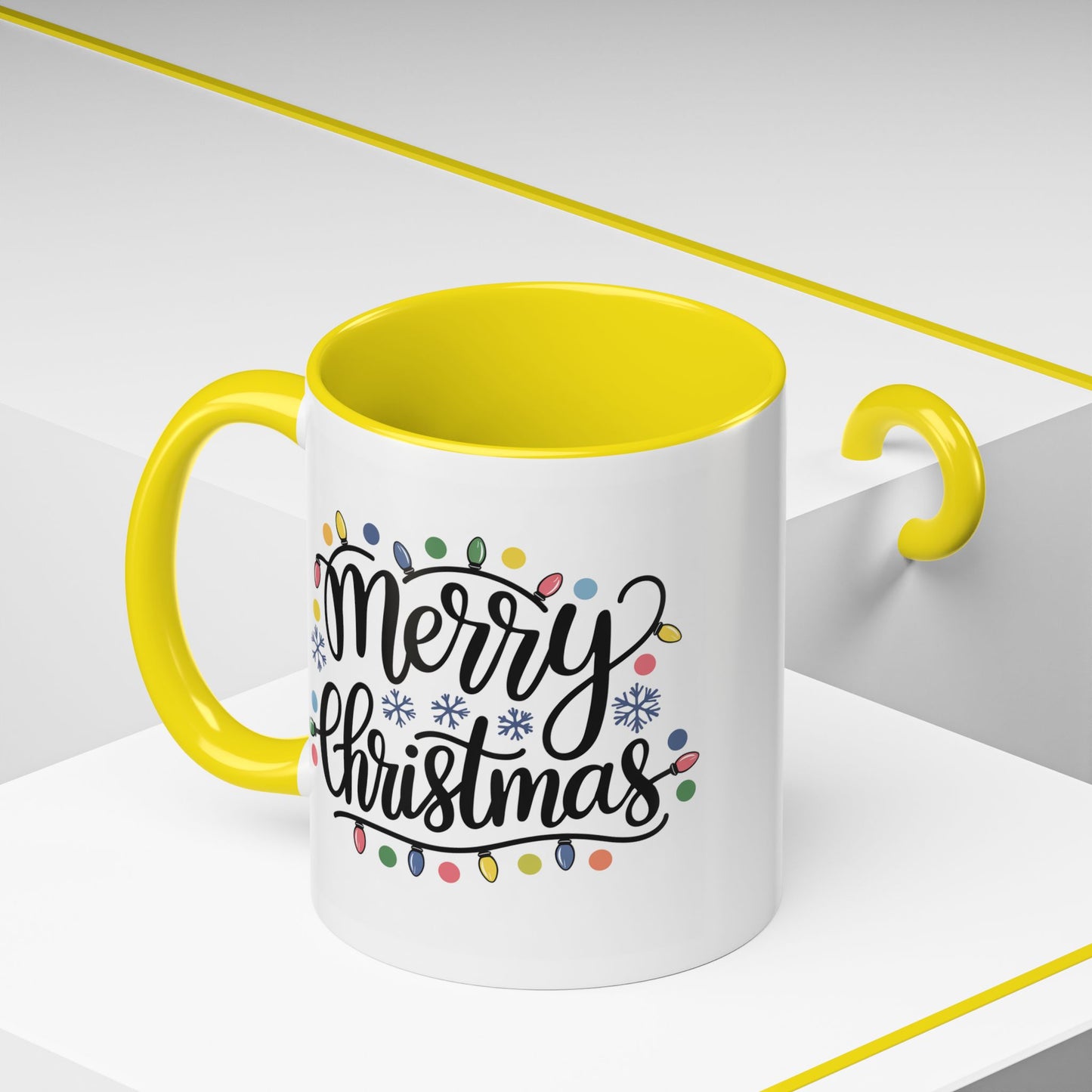 Christmas Mug - Merry Christmas Black Text Colored Lights