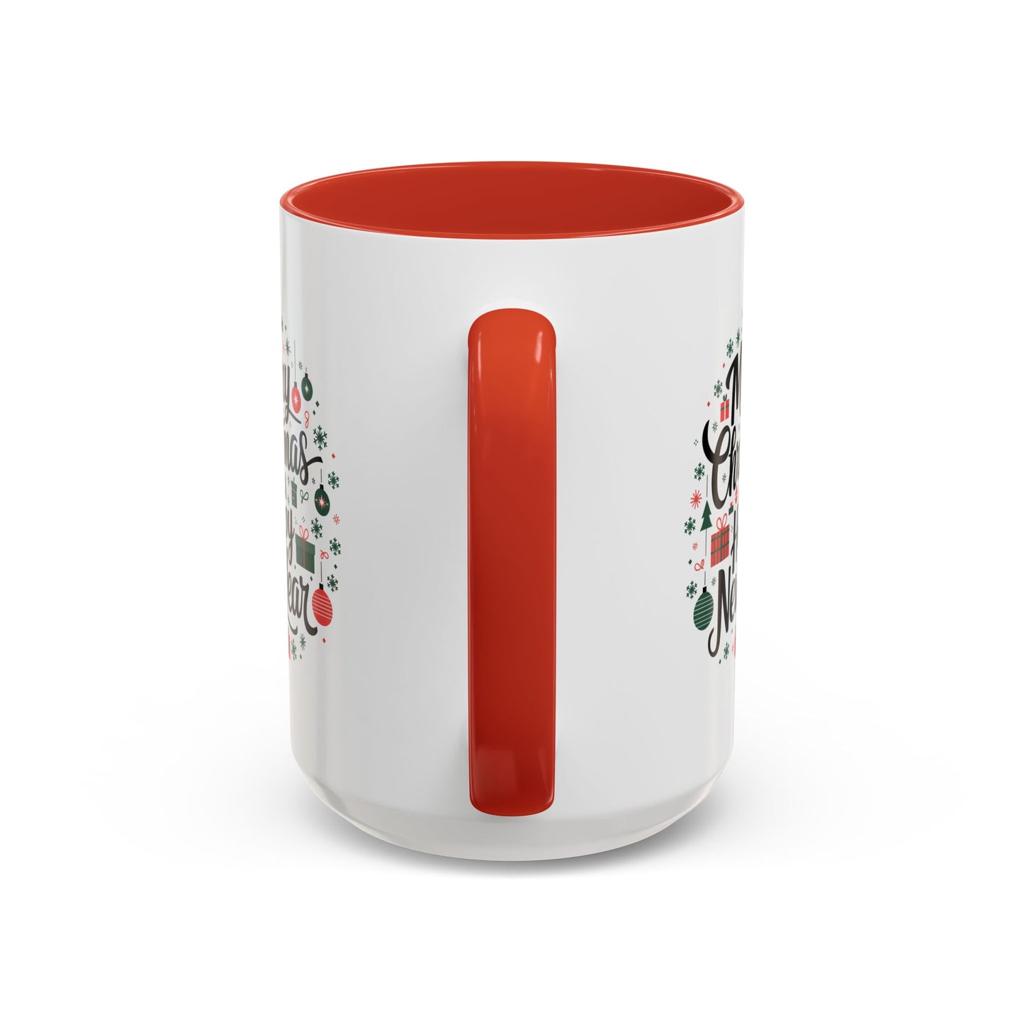 Christmas Mug - Merry Christmas and a Happy New Year Black Text Tree Ornaments Presents