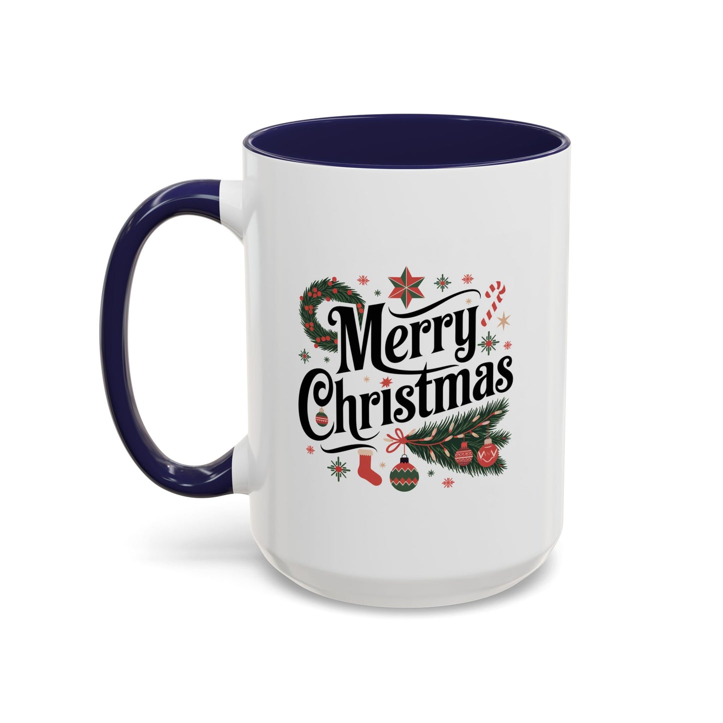 Christmas Mug - Merry Christmas Black Text Star Stocking Ornament Candy Cane