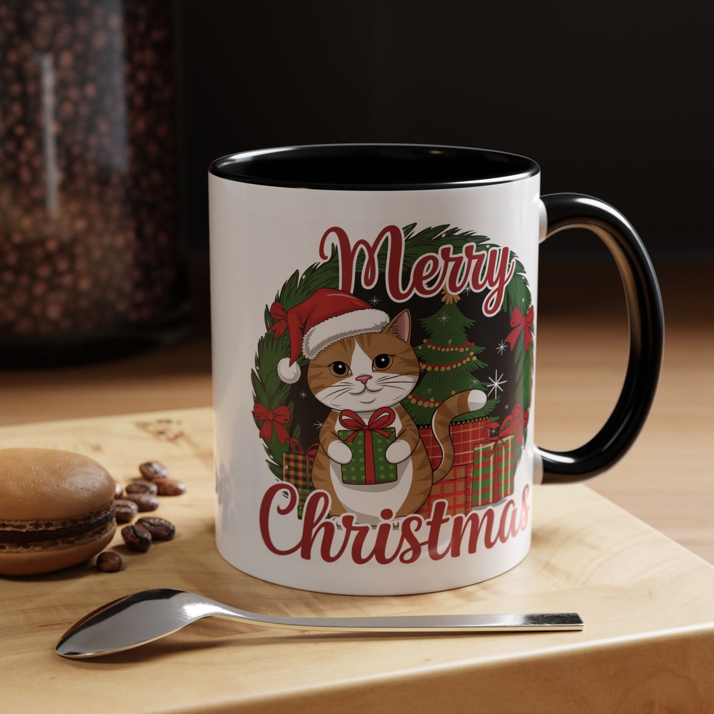 Christmas Mug - Merry Christmas Red Text Cat Presents Wreath