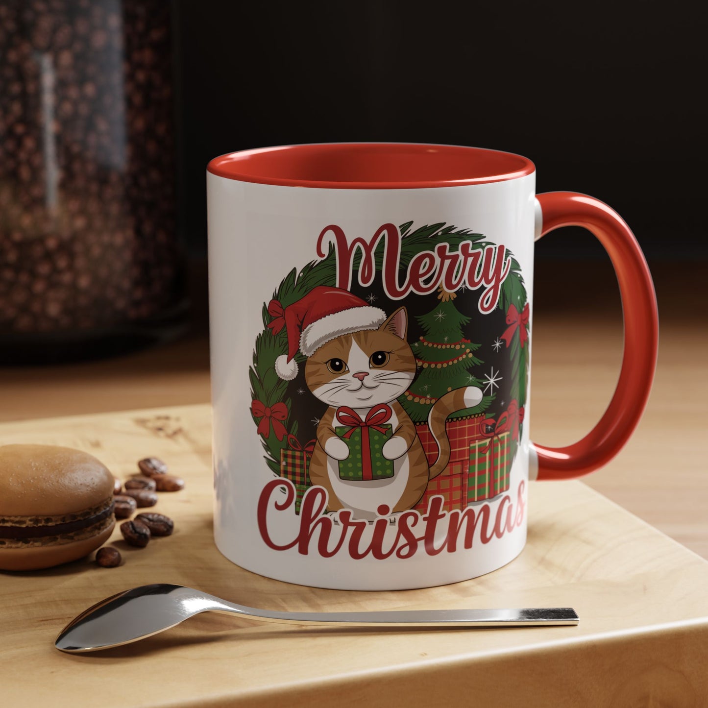 Christmas Mug - Merry Christmas Red Text Cat Presents Wreath