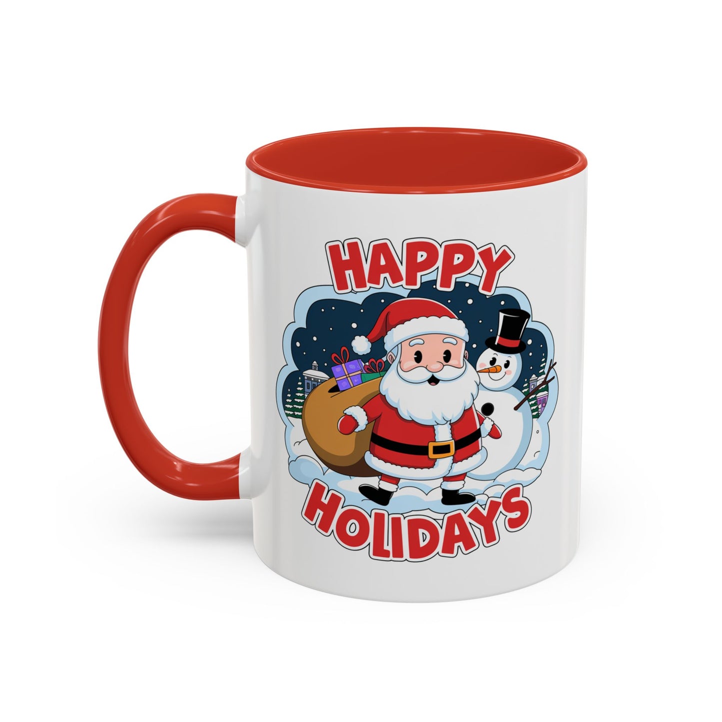 Christmas Mug - Happy Holidays Red & White Text Santa Snowman
