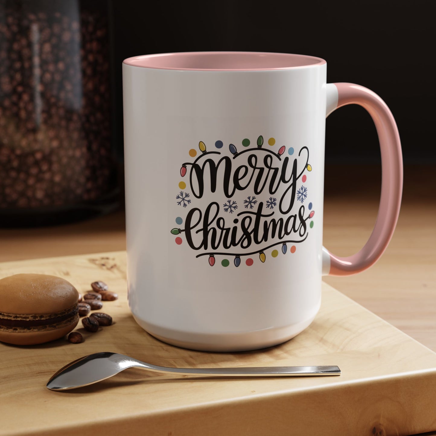 Christmas Mug - Merry Christmas Black Text Colored Lights