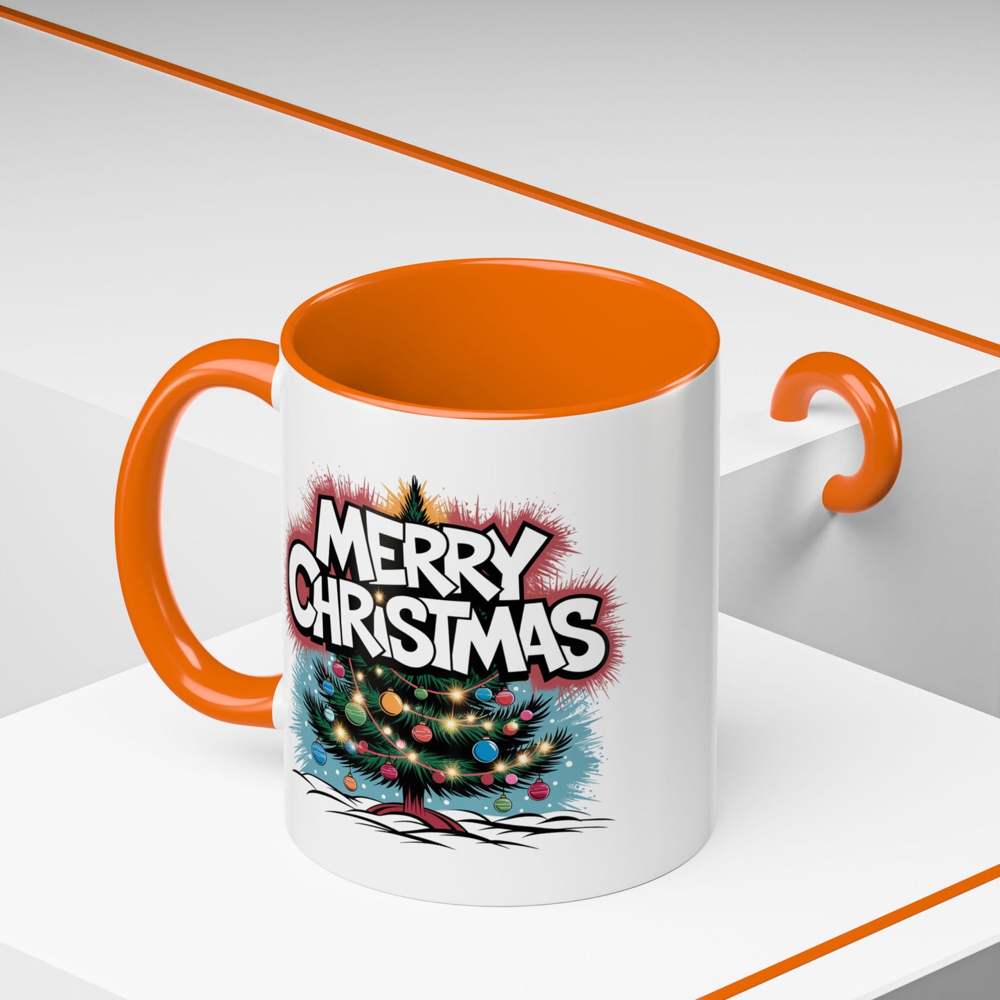 Christmas Mug - Merry Christmas White & Red Text Tree Lights