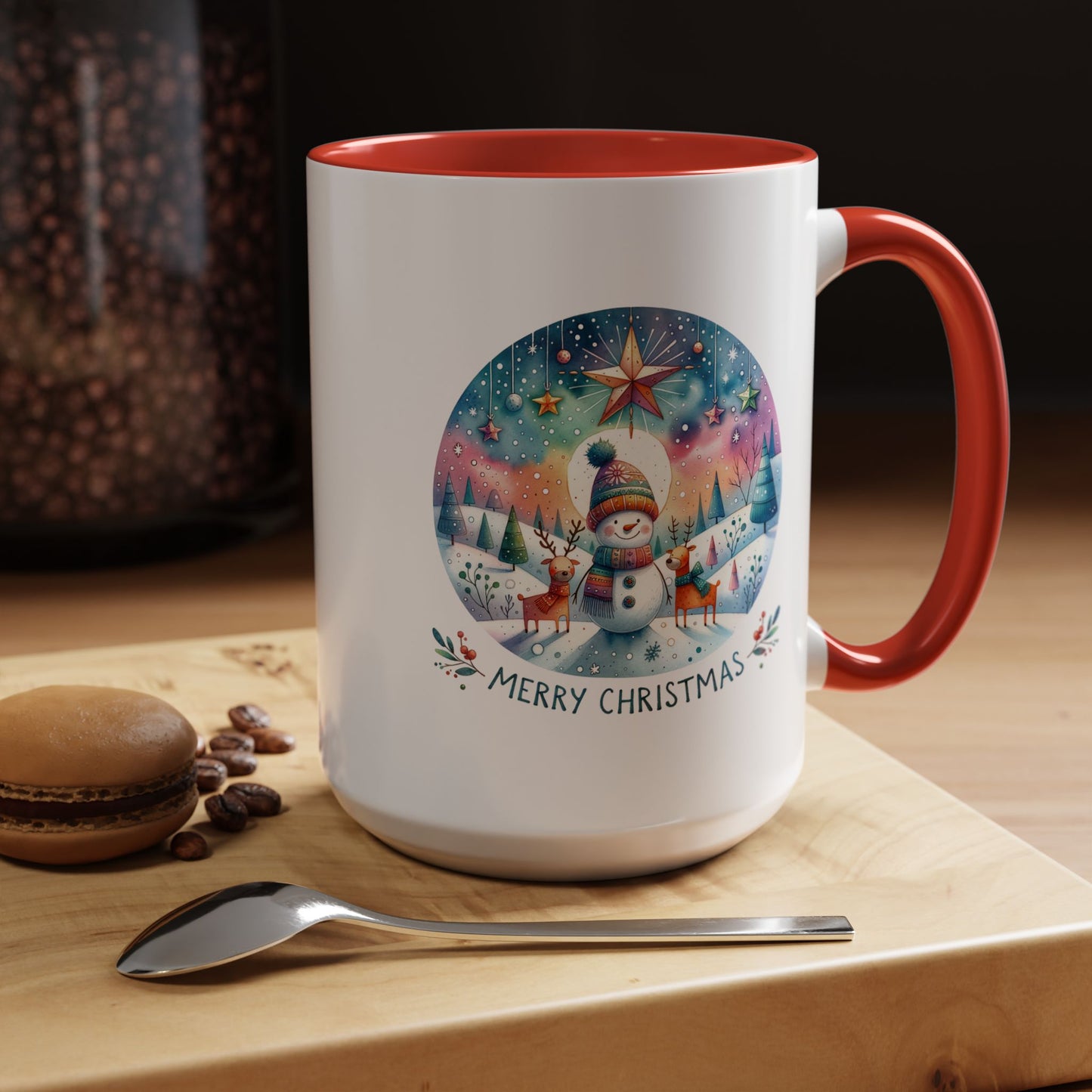 Christmas Mug - Merry Christmas Blue Text Snowman Star Reindeer