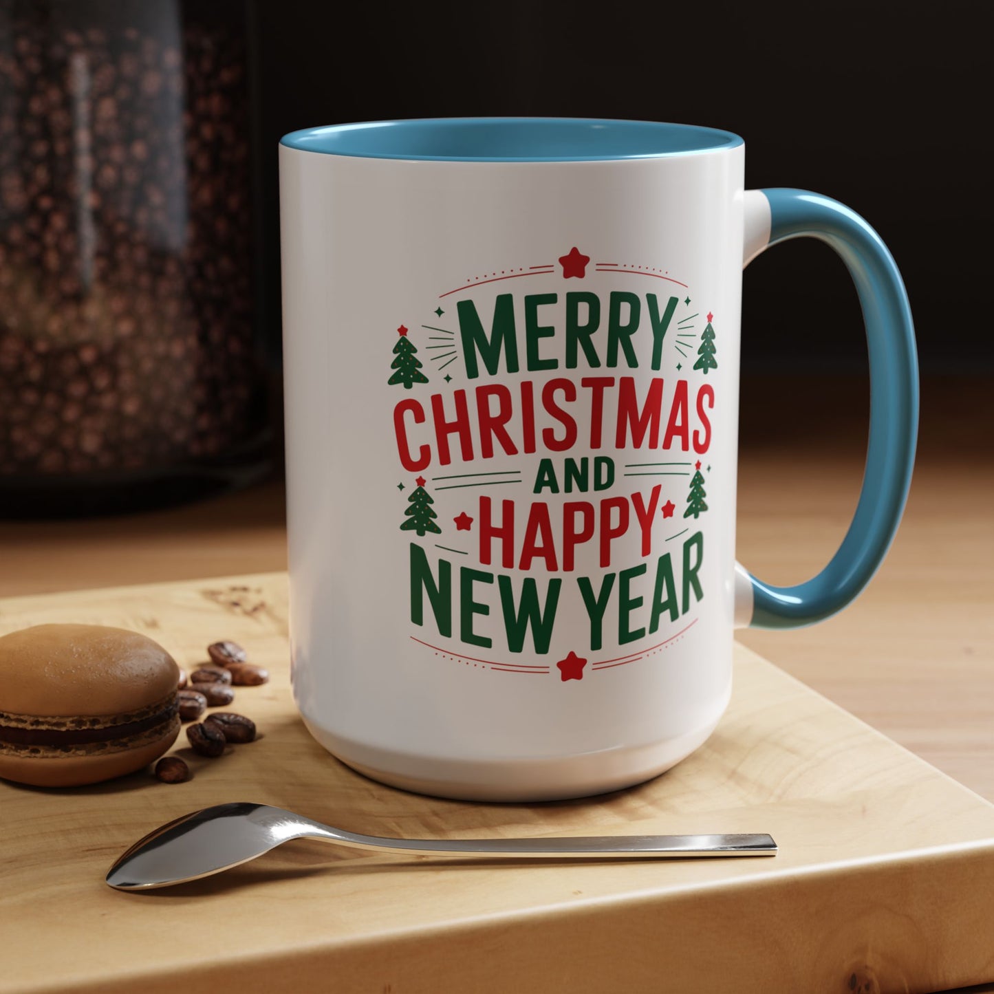 Christmas Mug - Merry Christmas and a Happy New Year Green & Red Text Trees Stars