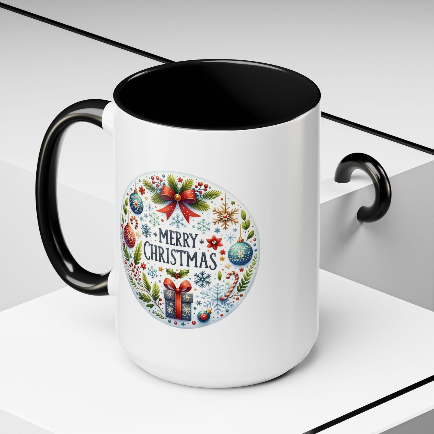 Christmas Mug - Merry Christmas Blue Text Bow Present Ornaments