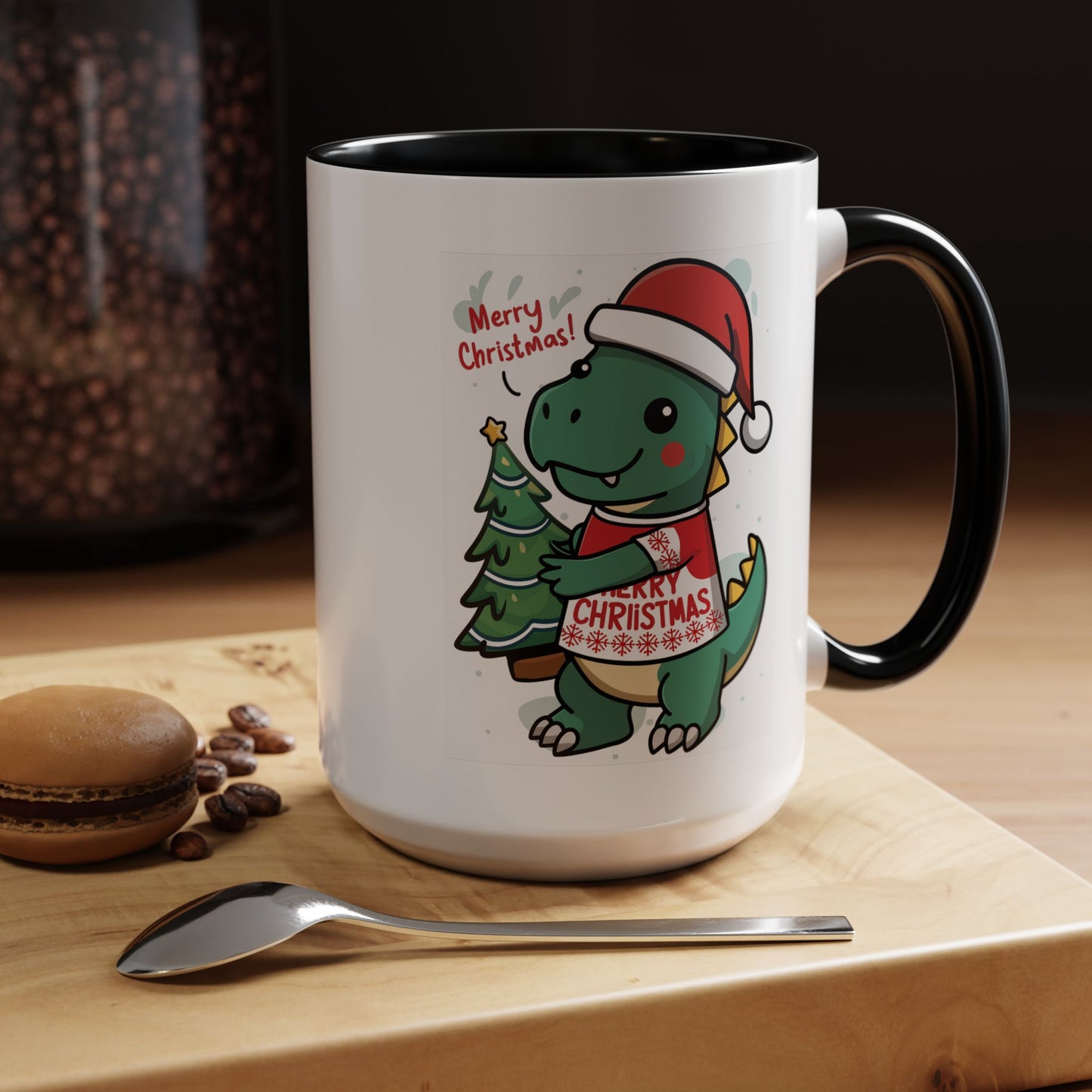 Christmas Mug - Merry Christmas Red Text Dinosaur Tree