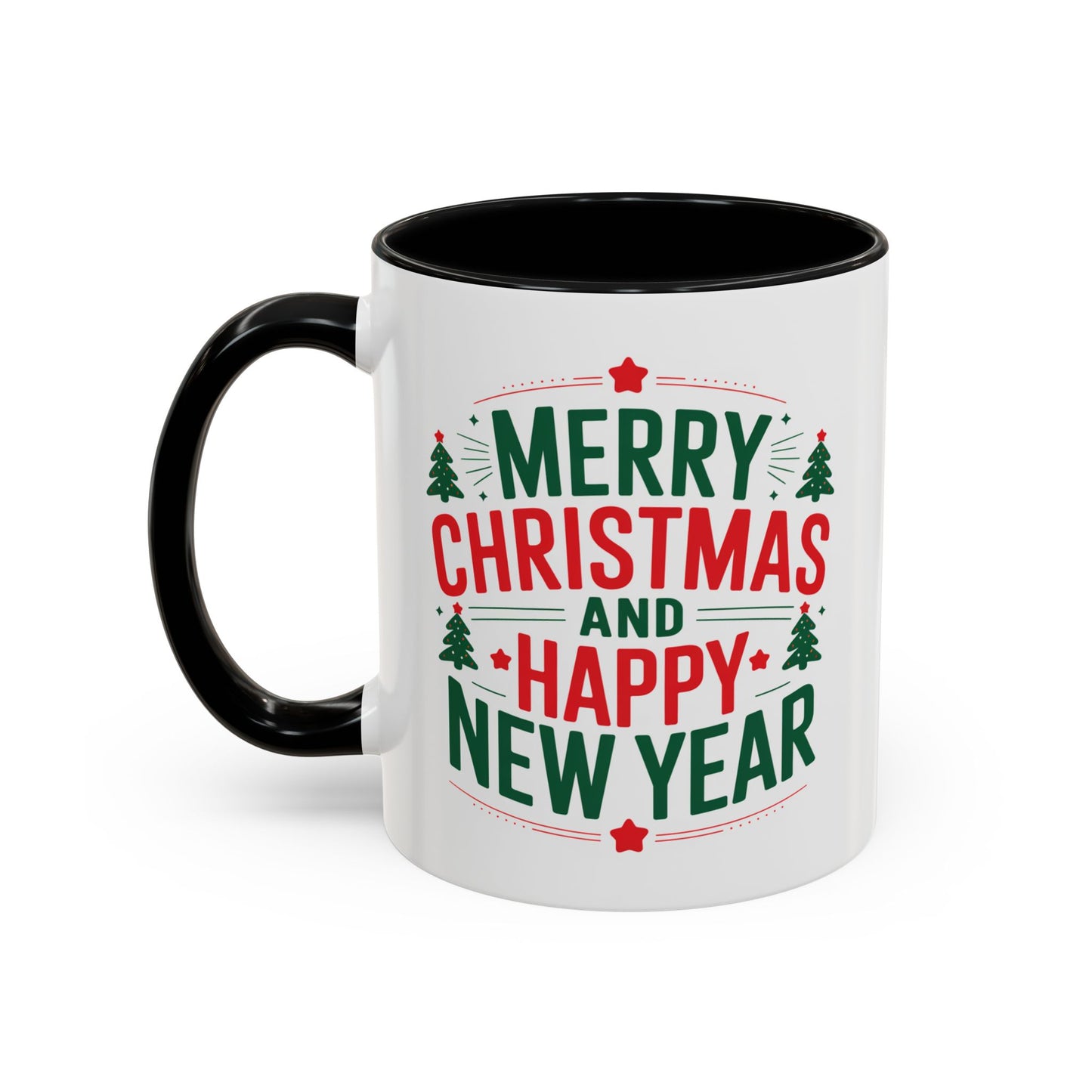 Christmas Mug - Merry Christmas and a Happy New Year Green & Red Text Trees Stars