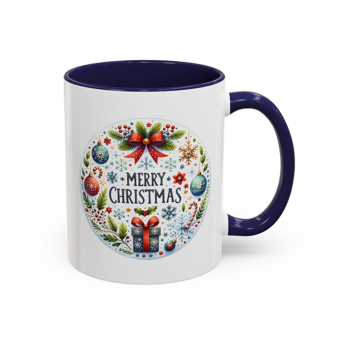 Christmas Mug - Merry Christmas Blue Text Bow Present Ornaments