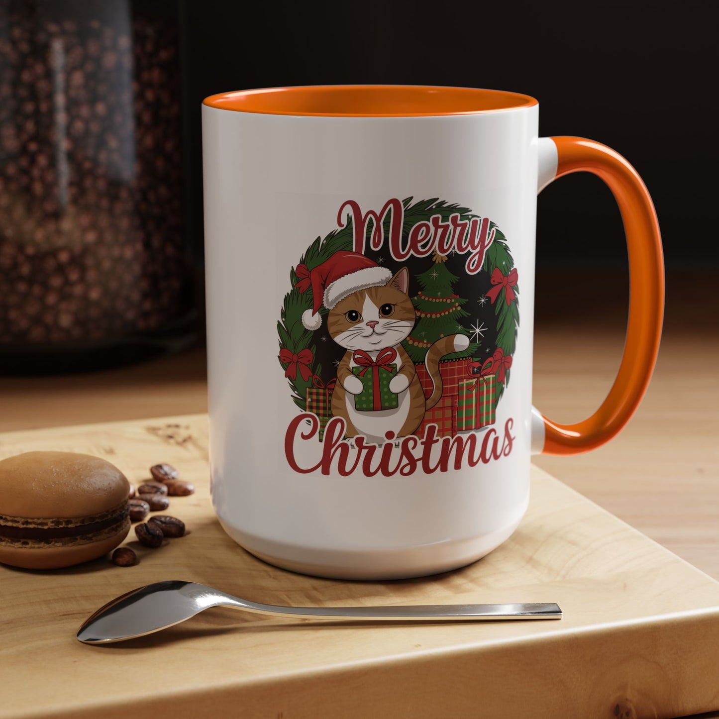 Christmas Mug - Merry Christmas Red Text Cat Presents Wreath