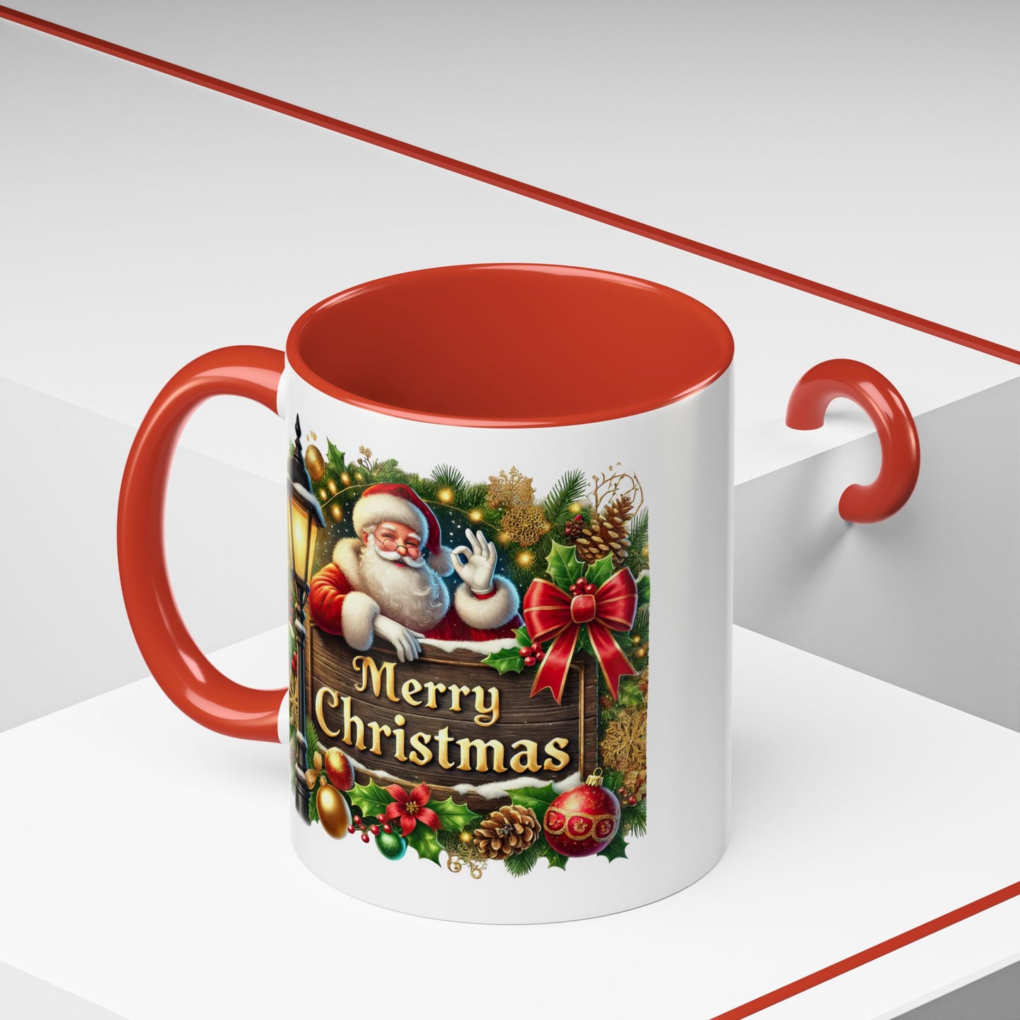 Christmas Mug - Merry Christmas Cream Text Santa Ok Light Bow Ornaments