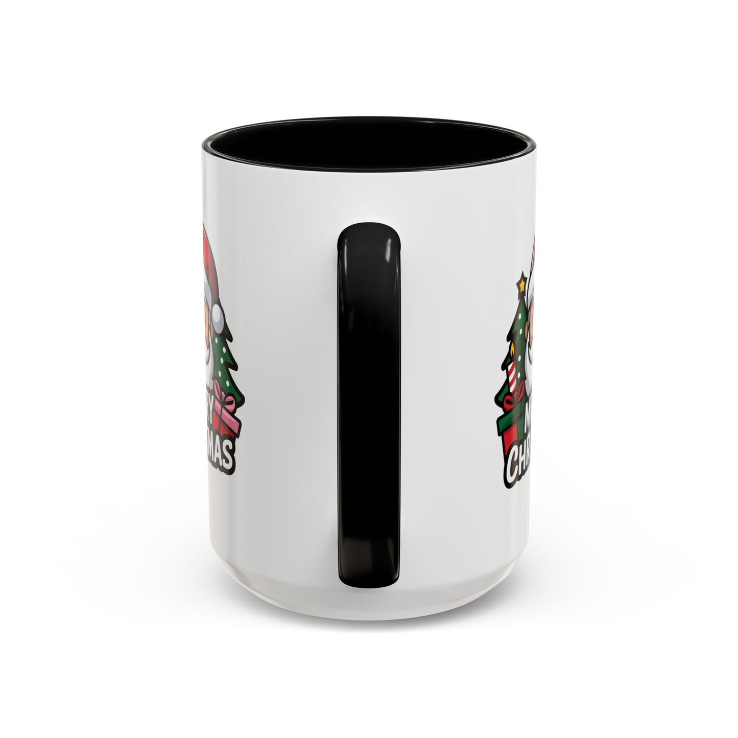Christmas Mug - Merry Christmas White & Black Text Santa Trees Presents