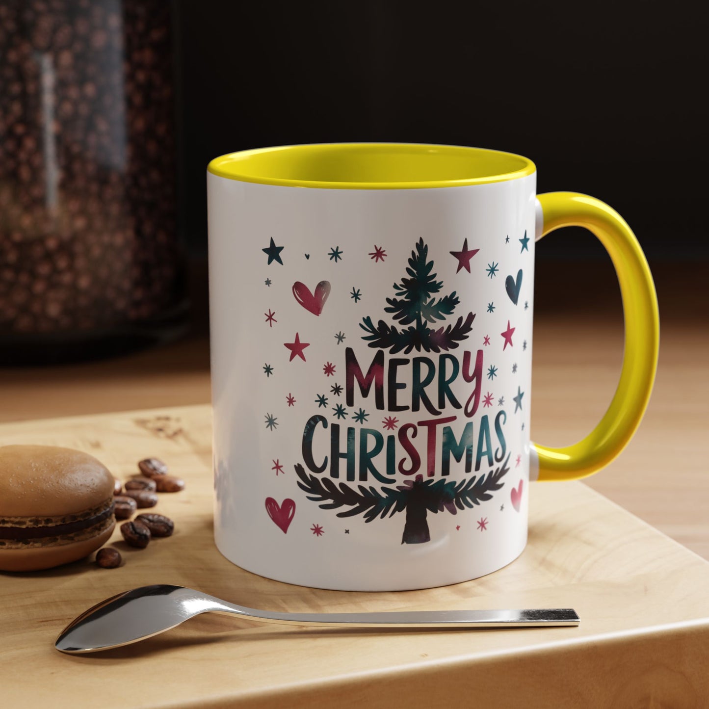 Christmas Mug - Merry Christmas Maroon & Blue Text Tree Hearts Stars