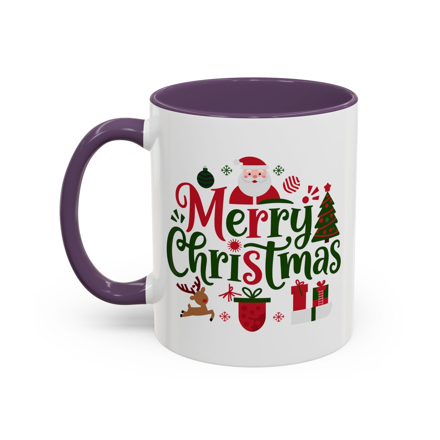 Christmas Mug - Merry Christmas Red & Green Text Santa Reindeer Tree Sleigh Ornaments