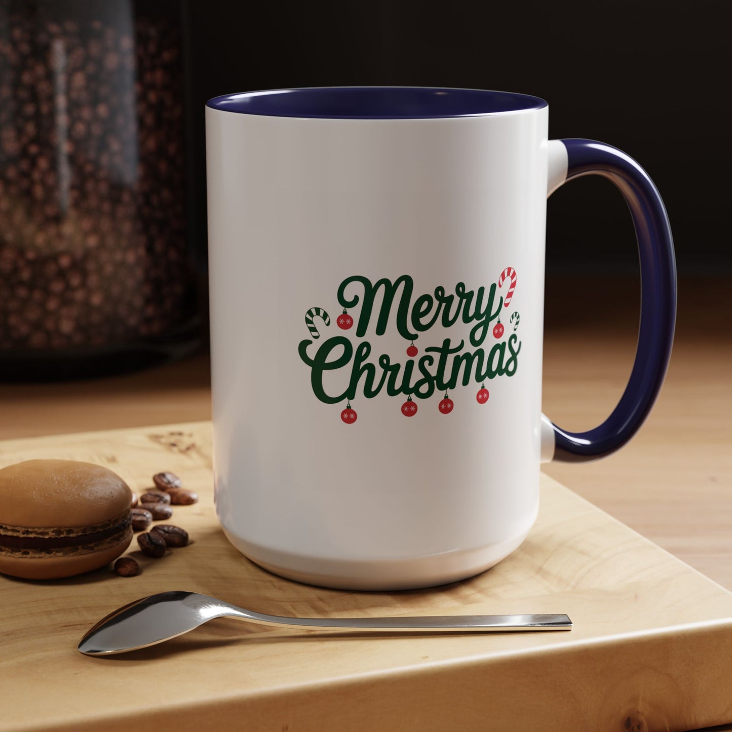 Christmas Mug - Merry Christmas Green Text Ornaments Candy Canes