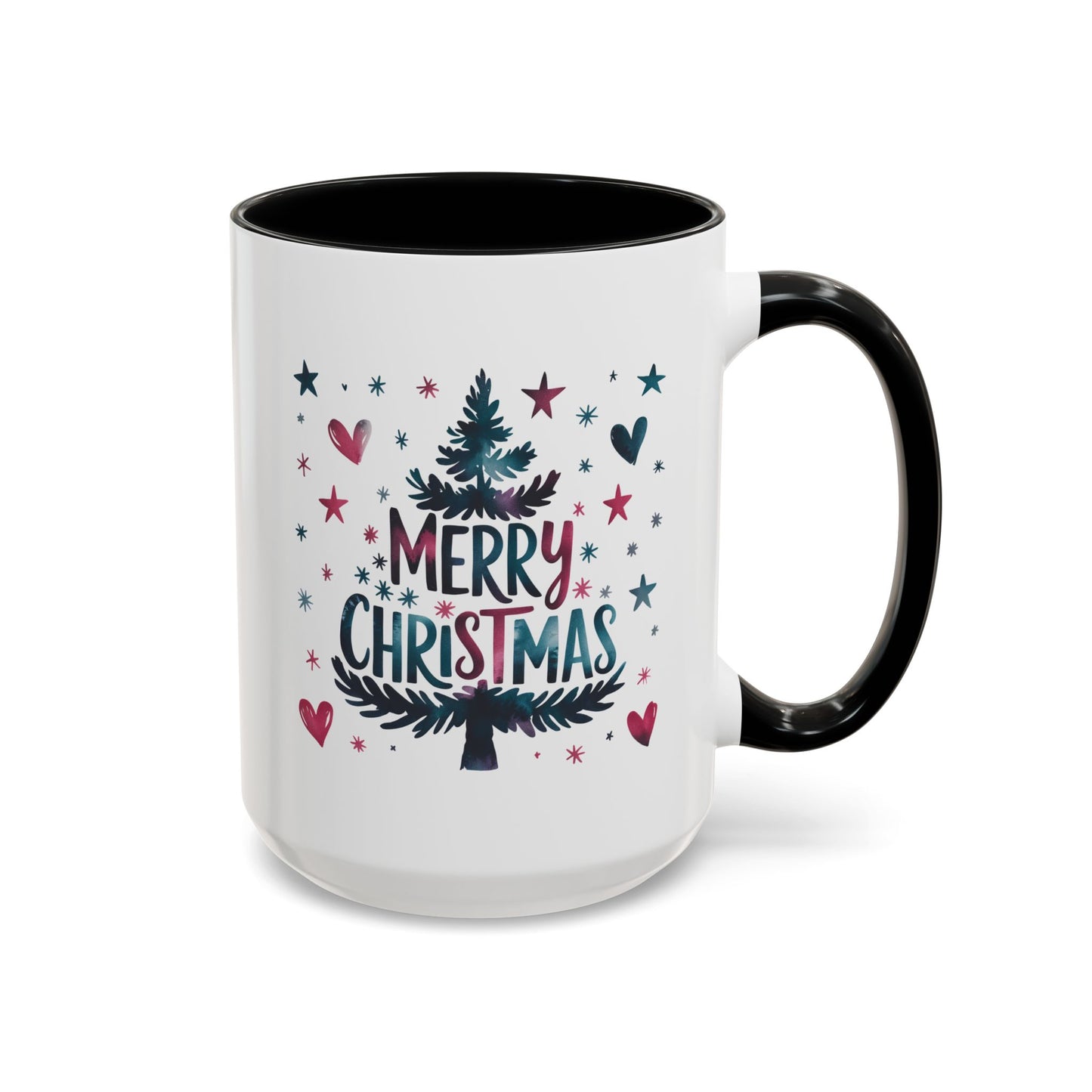 Christmas Mug - Merry Christmas Maroon & Blue Text Tree Hearts Stars