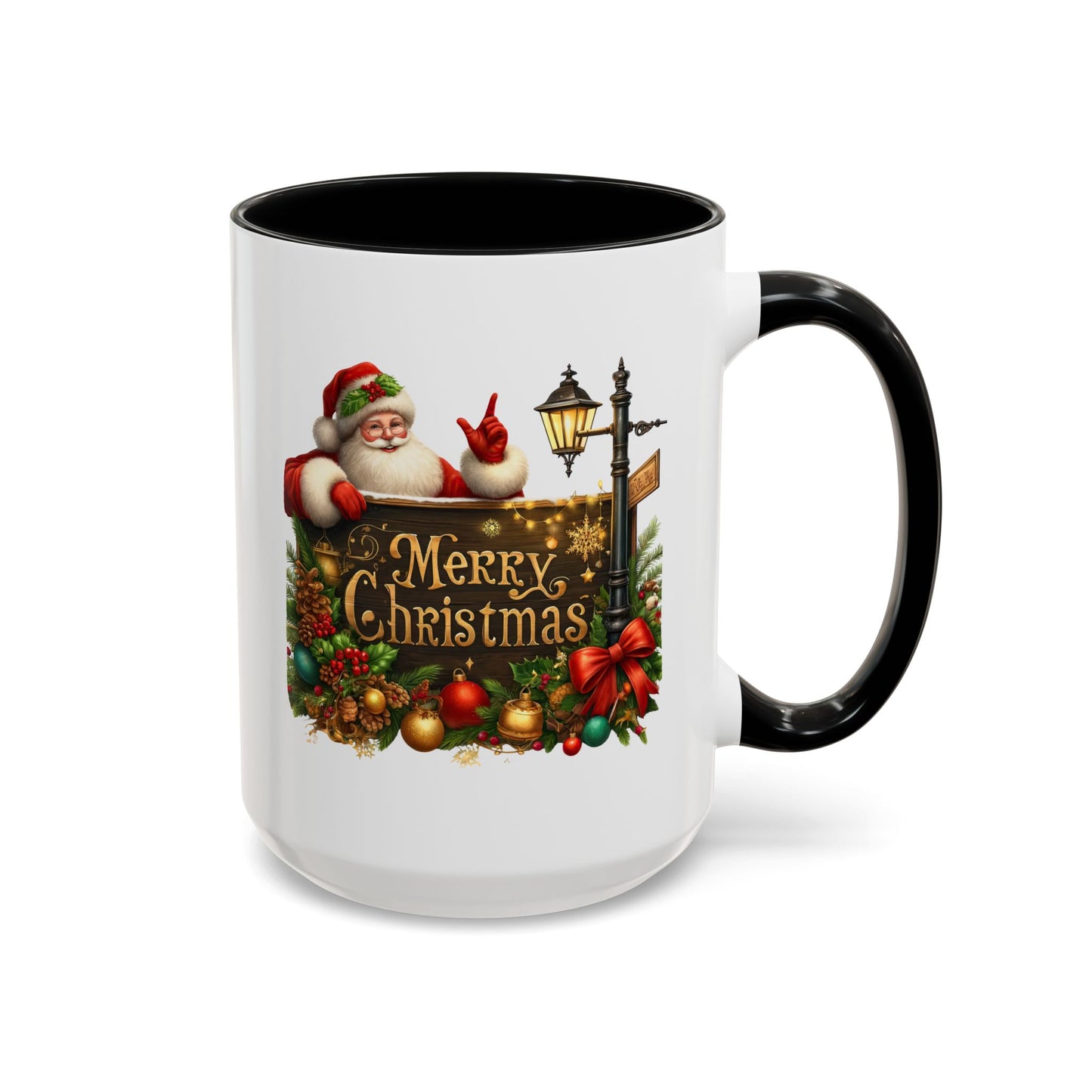 Christmas Mug - Merry Christmas Gold Text Santa Point Ornaments