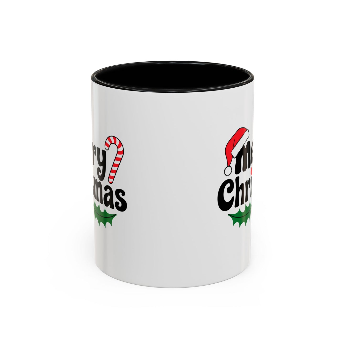 Christmas Mug - Merry Christmas Black Text Hat Candy Cane Mistletoe