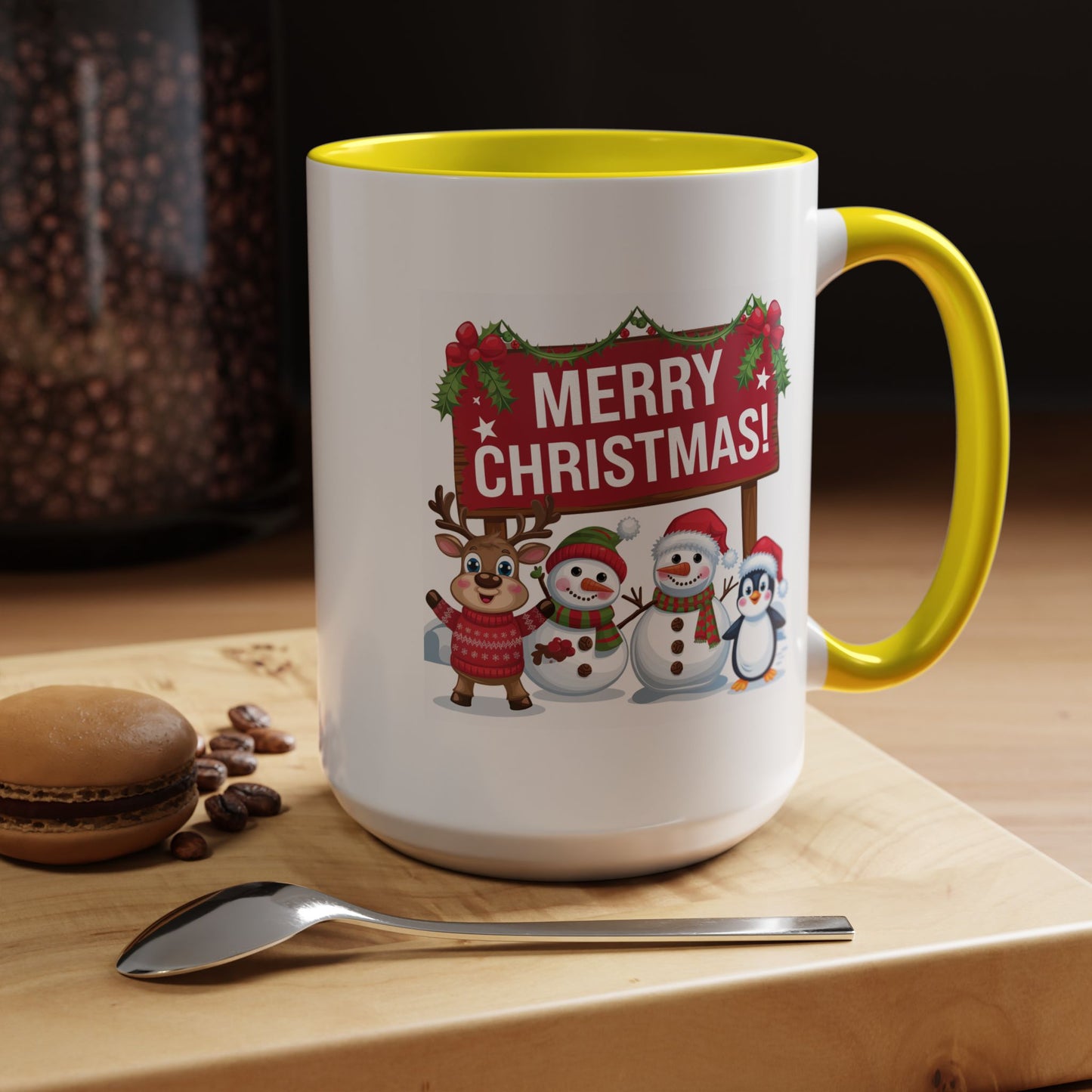 Christmas Mug - Merry Christmas White Text Reindeer Snowmen Penguin
