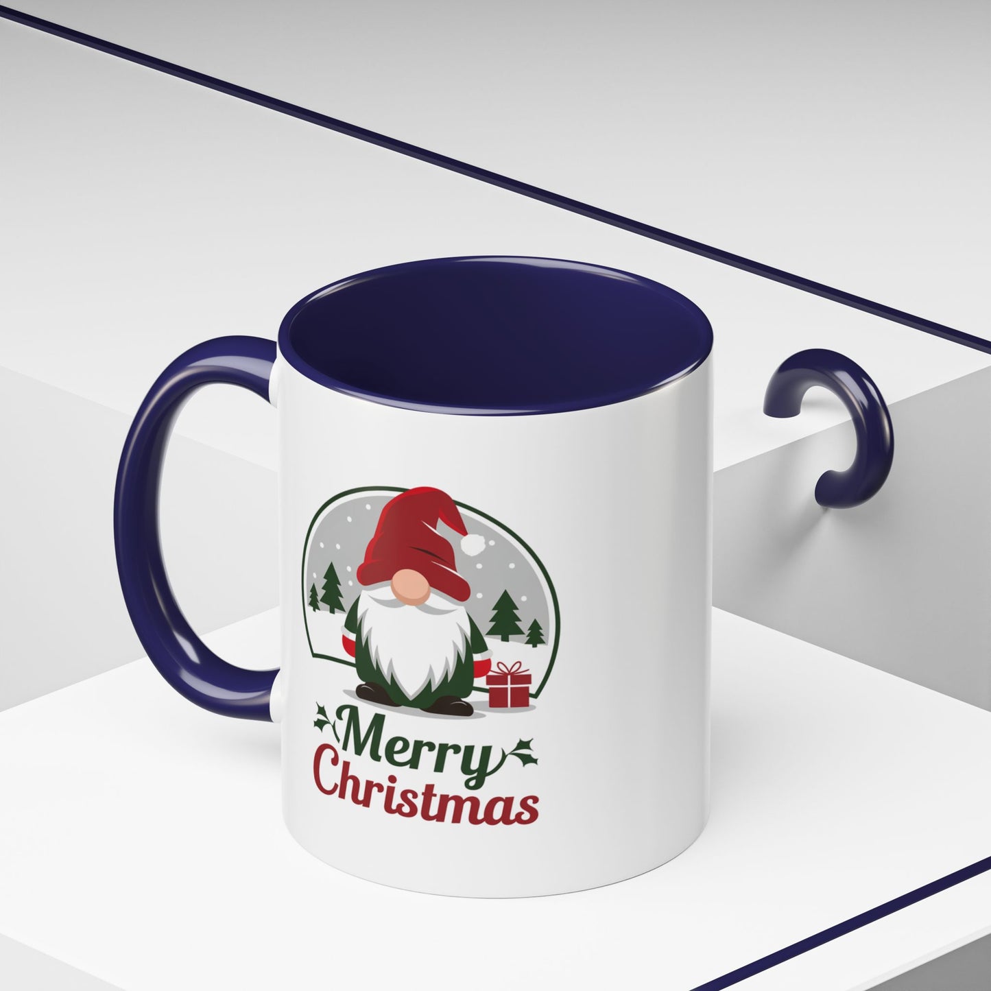 Christmas Mug - Merry Christmas Green & Red Text Gnome Present Trees
