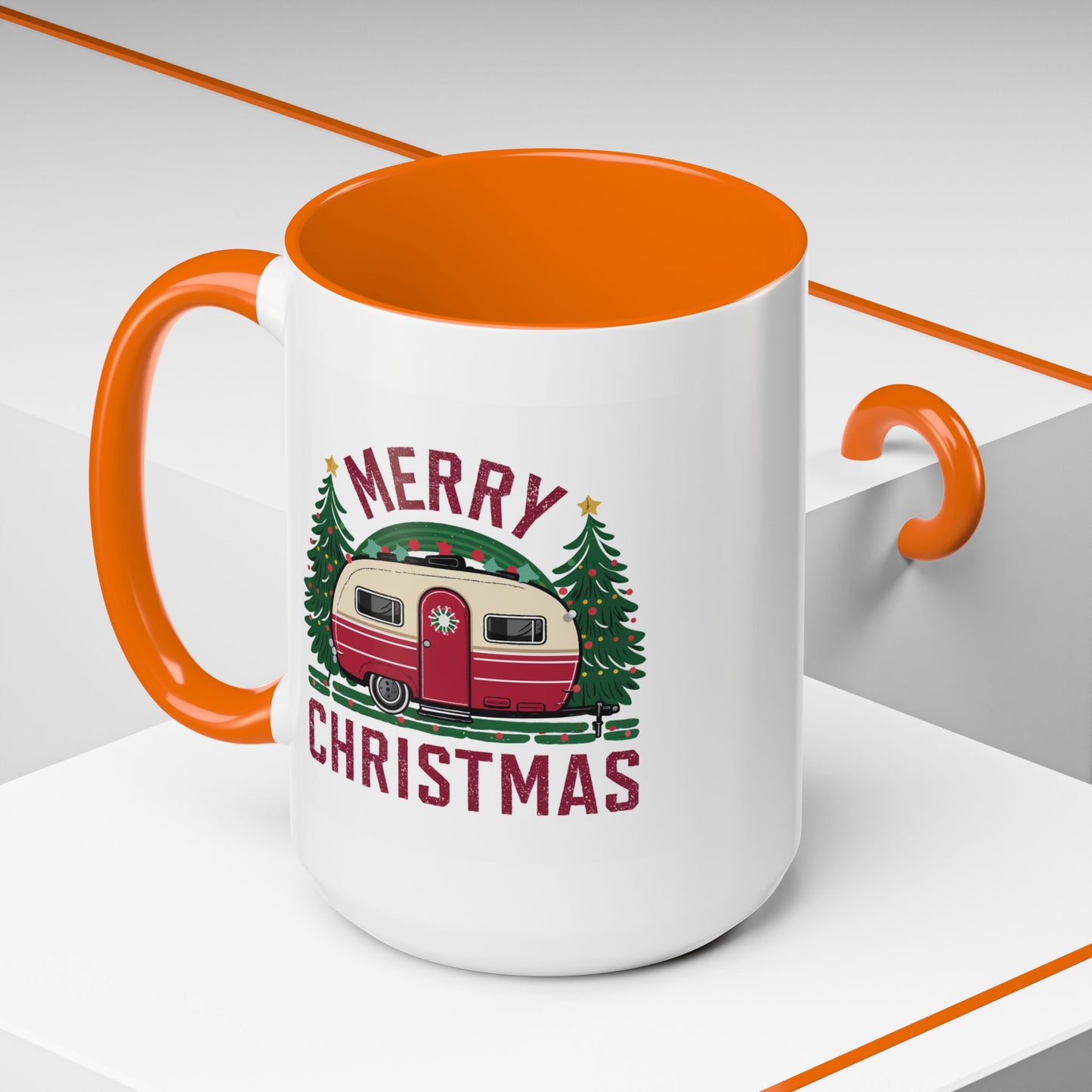 Christmas Mug - Merry Christmas Maroon Text Camper Trees
