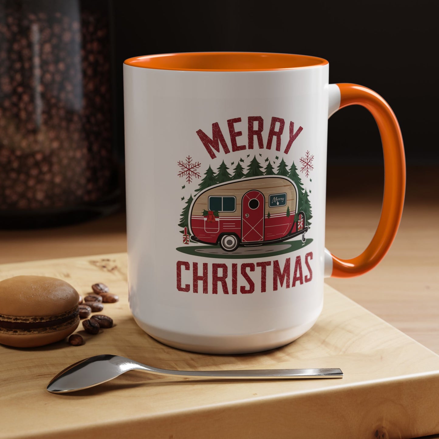 Christmas Mug - Merry Christmas Maroon Text Camper Trees Snowflakes