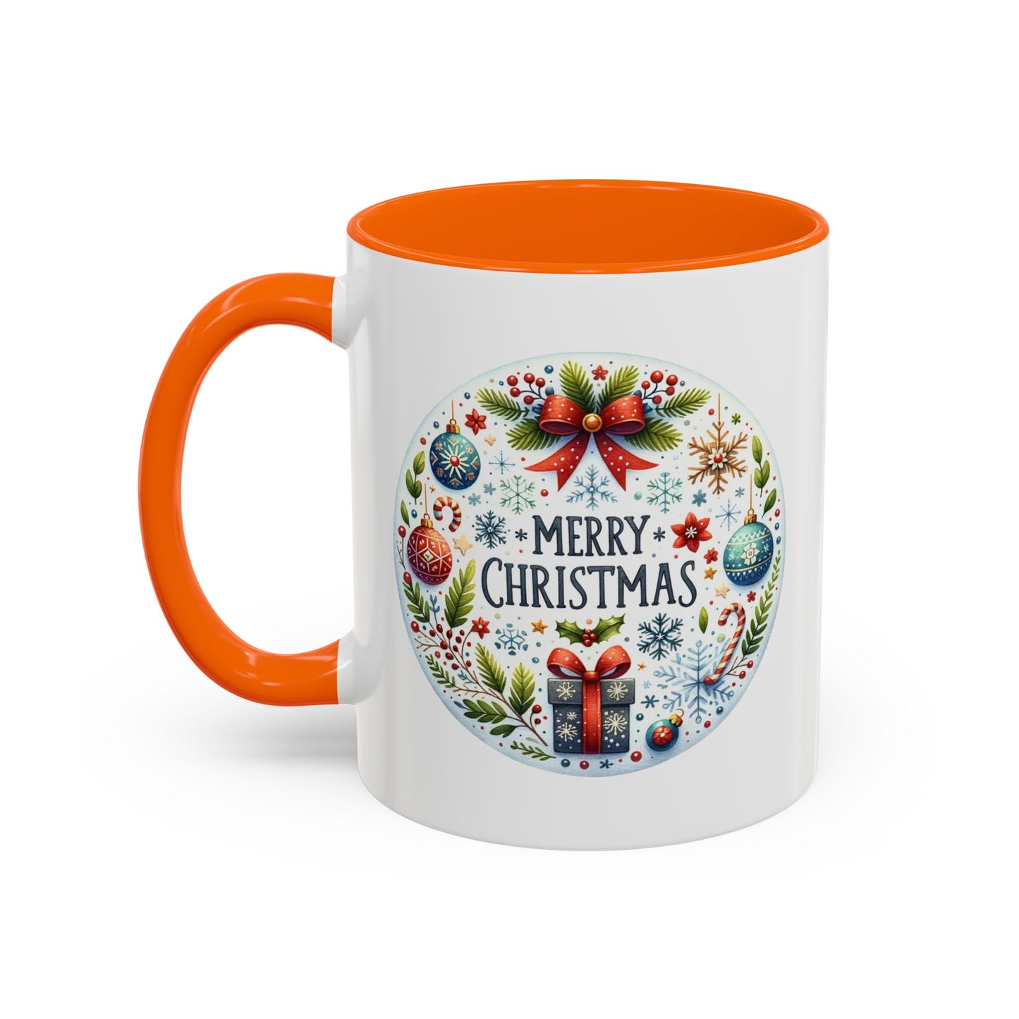 Christmas Mug - Merry Christmas Blue Text Bow Present Ornaments
