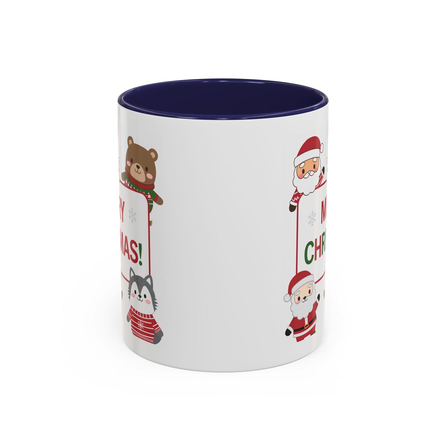 Christmas Mug - Merry Christmas Red & Green Text Santa Cute Animals