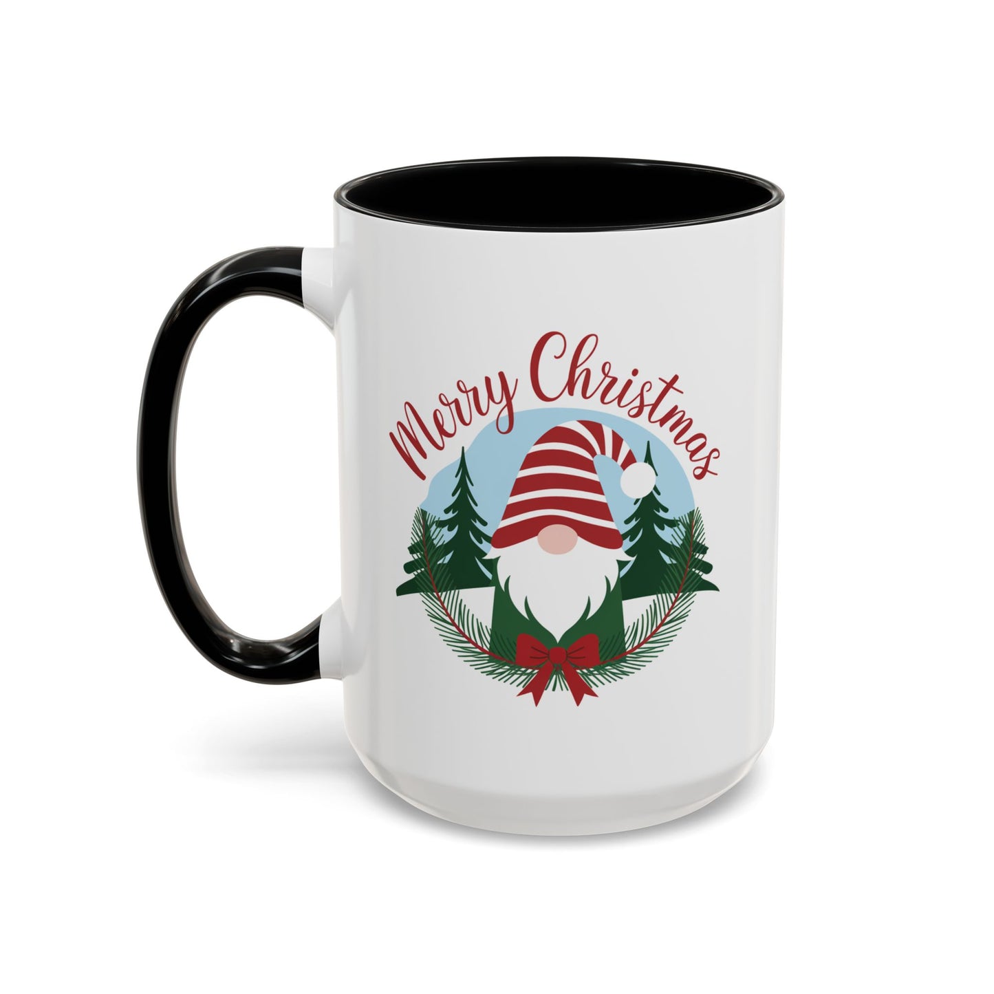Christmas Mug - Merry Christmas Red Text Gnome Bow Tree