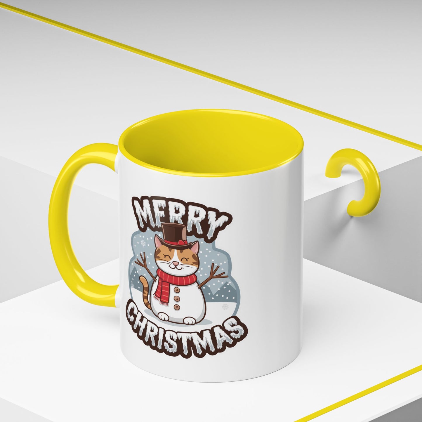 Christmas Mug - Merry Christmas Black & White Text Snowman Cat