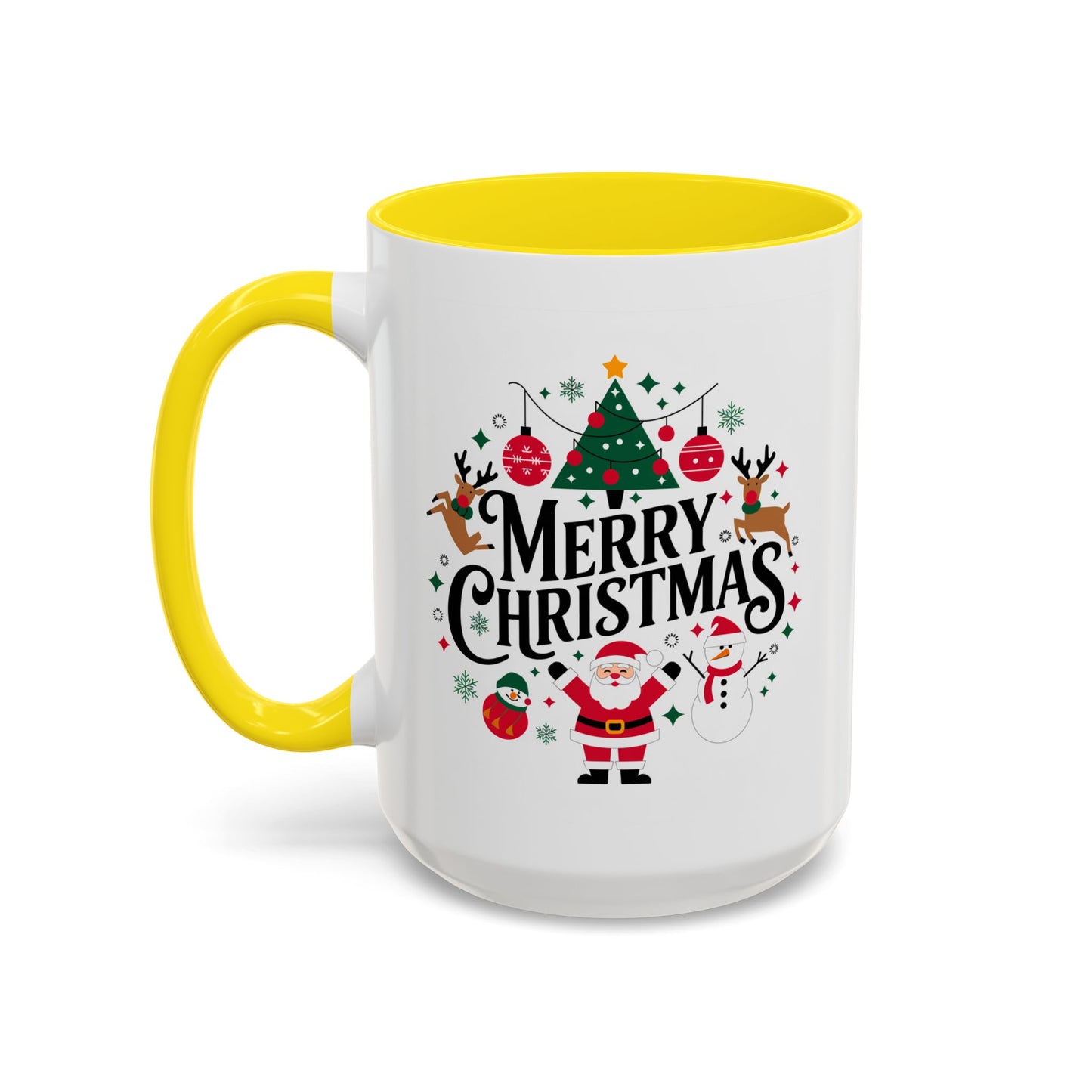 Christmas Mug - Merry Christmas Black Text Santa Reindeer Snowmen Ornaments
