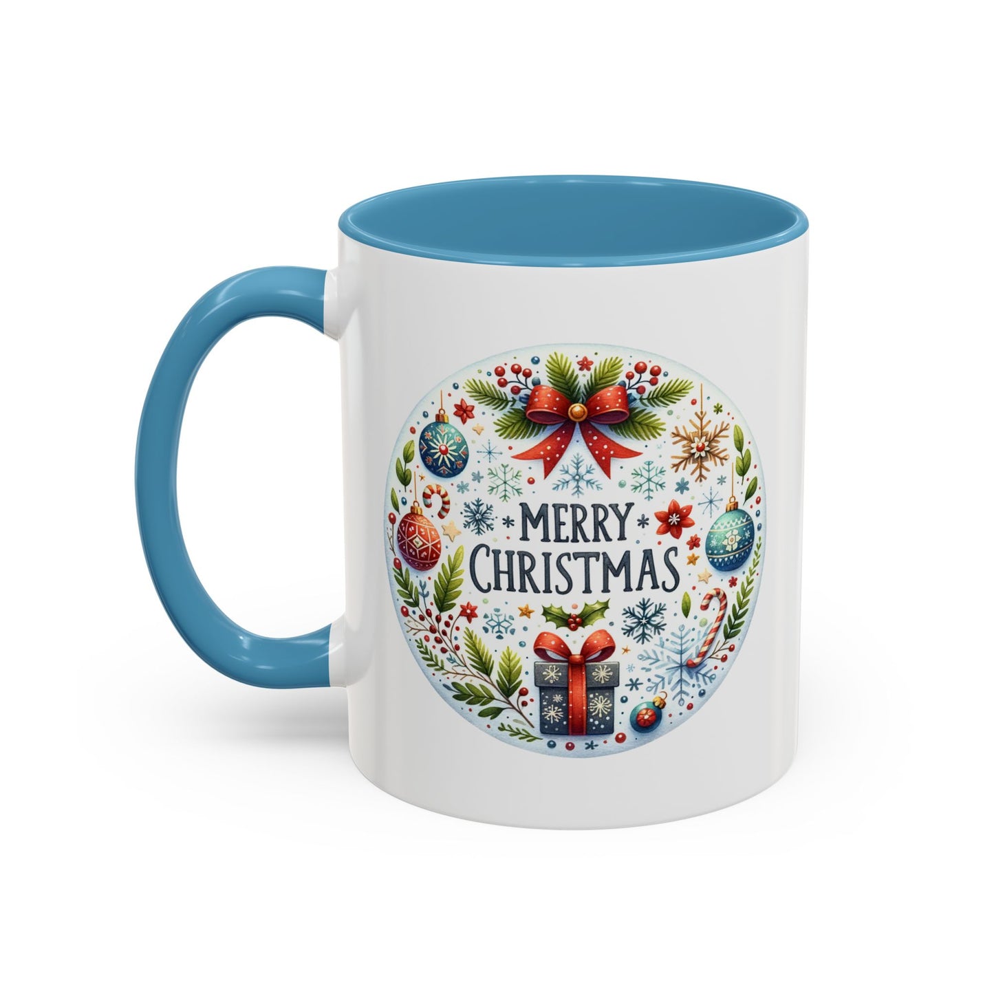 Christmas Mug - Merry Christmas Blue Text Bow Present Ornaments