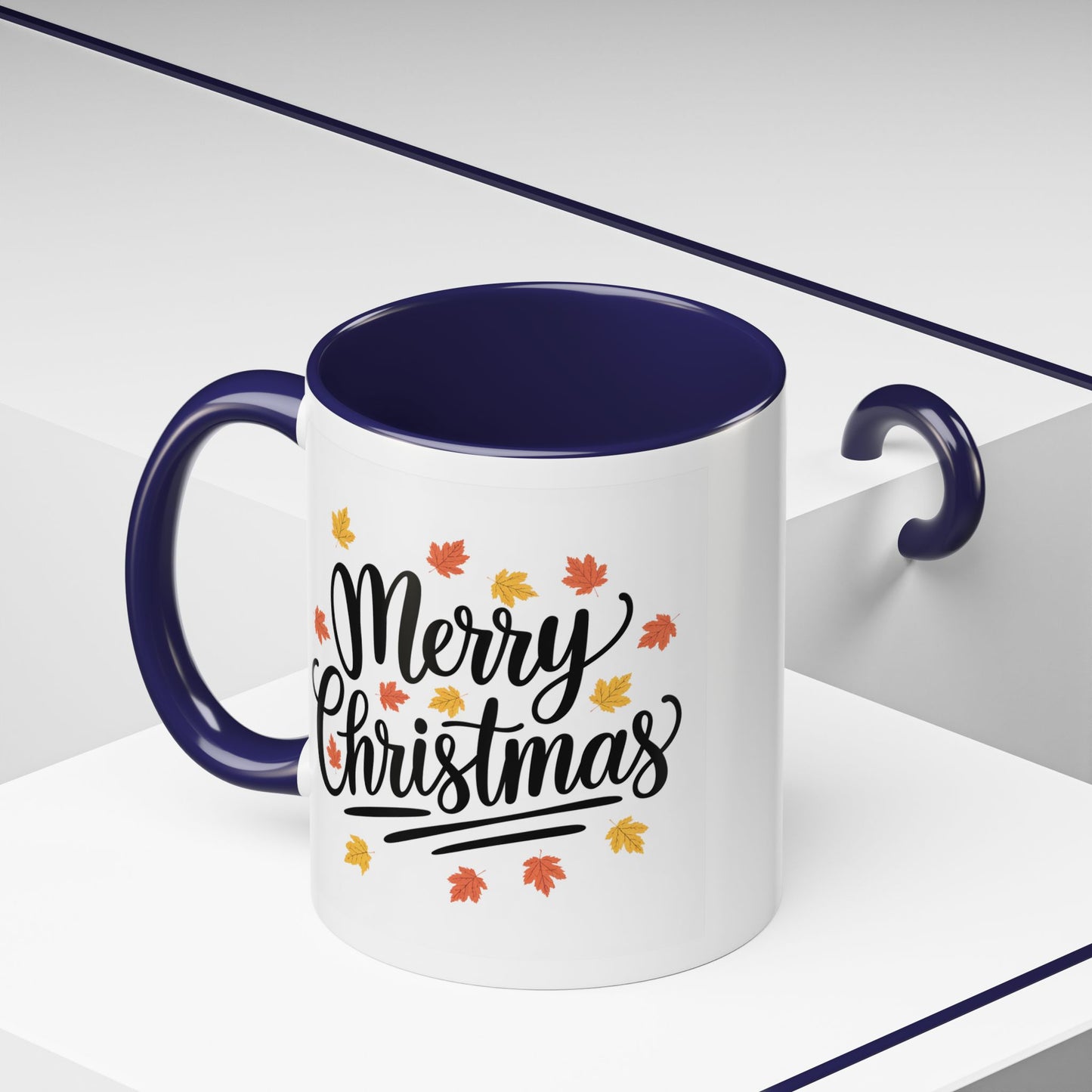Christmas Mug - Merry Christmas Black Text Fall Leaves