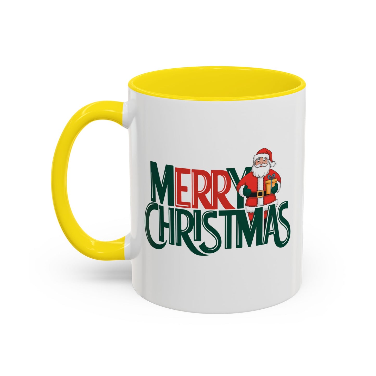 Christmas Mug - Merry Christmas Green & Red Text Santa Present