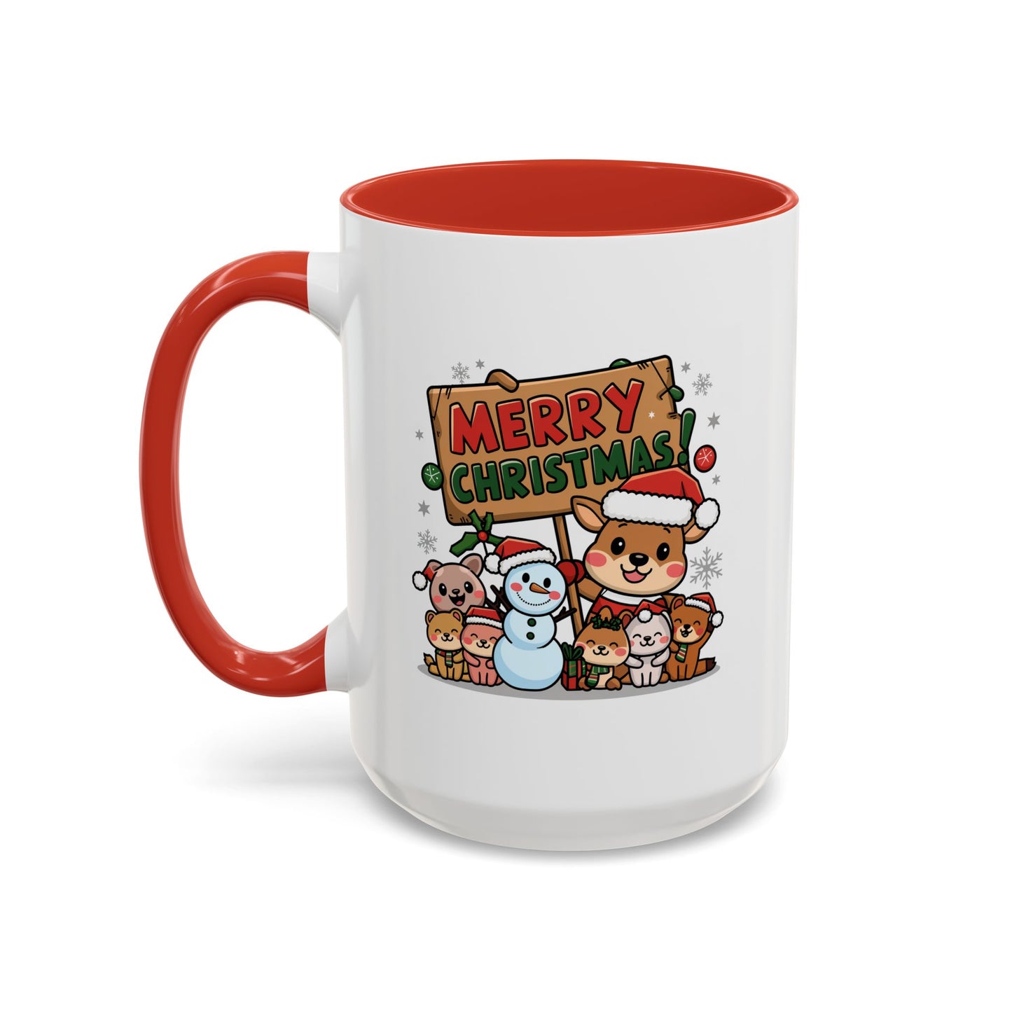 Christmas Mug - Merry Christmas Red & Green Text Reindeer Snowman