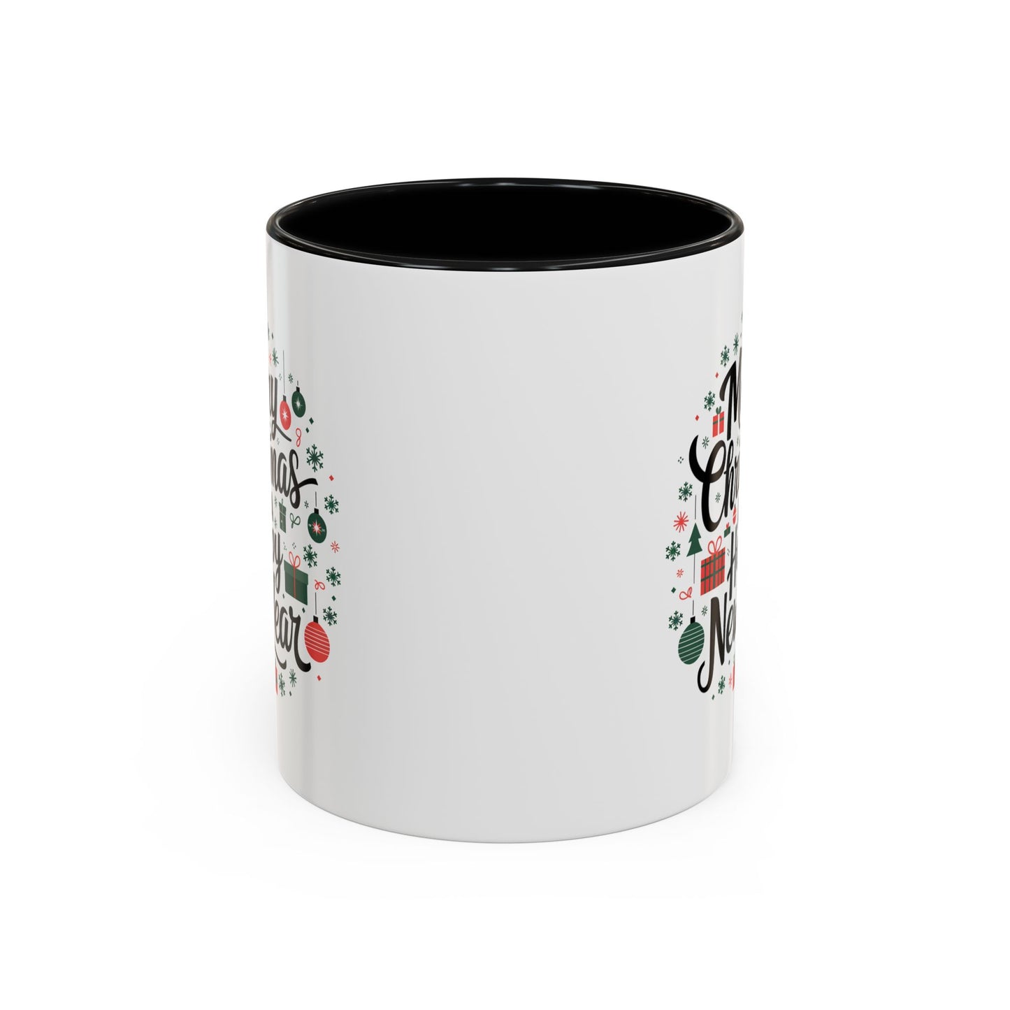 Christmas Mug - Merry Christmas and a Happy New Year Black Text Tree Ornaments Presents