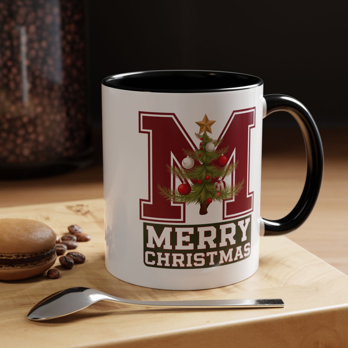 Christmas Mug - Merry Christmas White Green & Red College Text