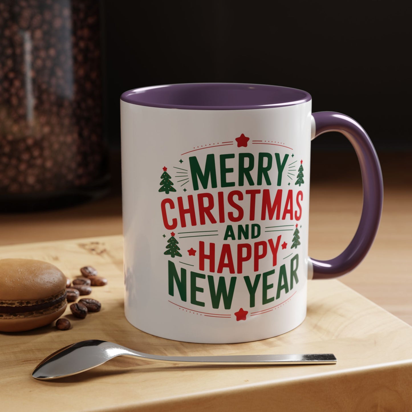 Christmas Mug - Merry Christmas and a Happy New Year Green & Red Text Trees Stars