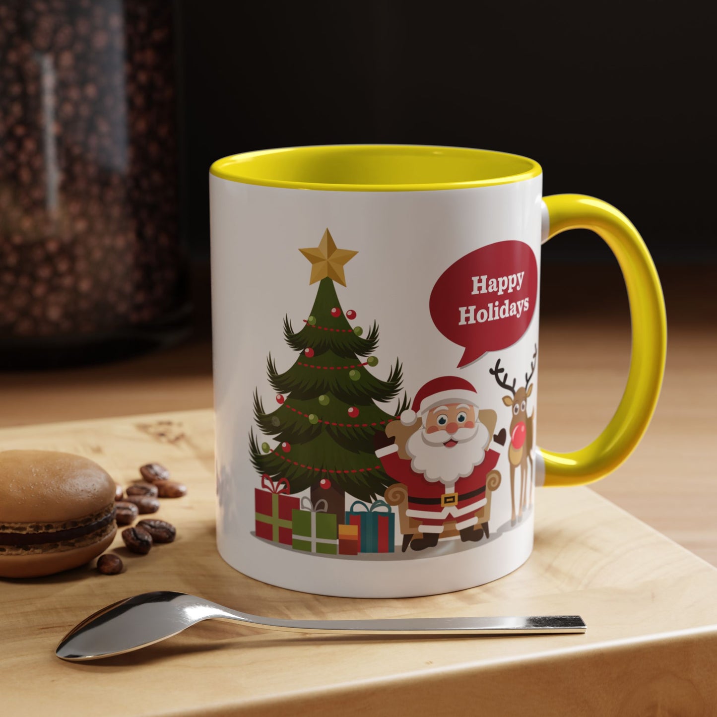 Christmas Mug - Happy Holidays Callout Santa Tree Presents Reindeer