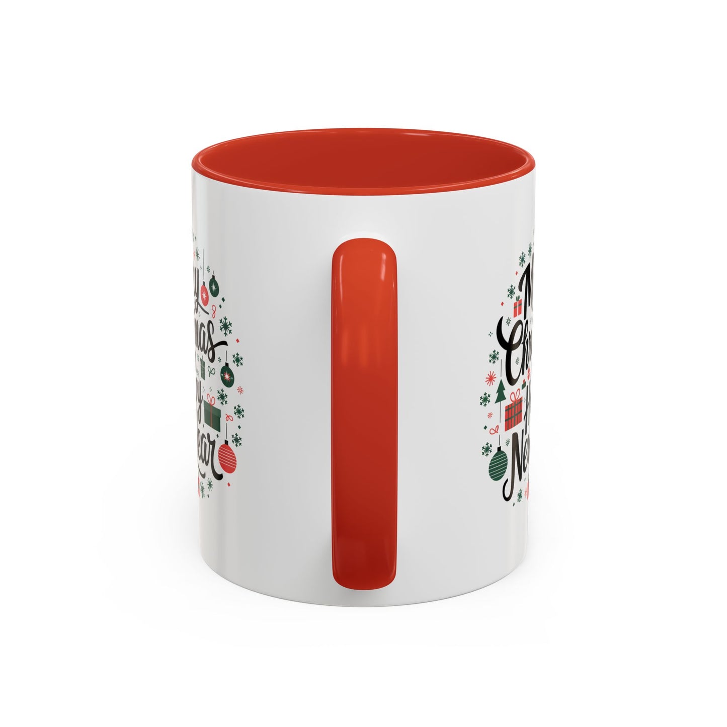 Christmas Mug - Merry Christmas and a Happy New Year Black Text Tree Ornaments Presents