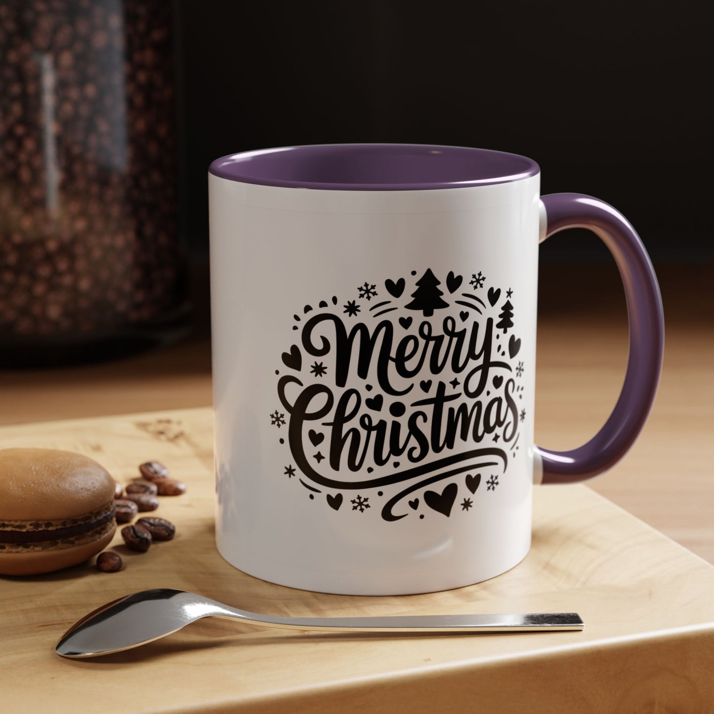 Christmas Mug - Merry Christmas Black Text Trees Snowflakes Hearts